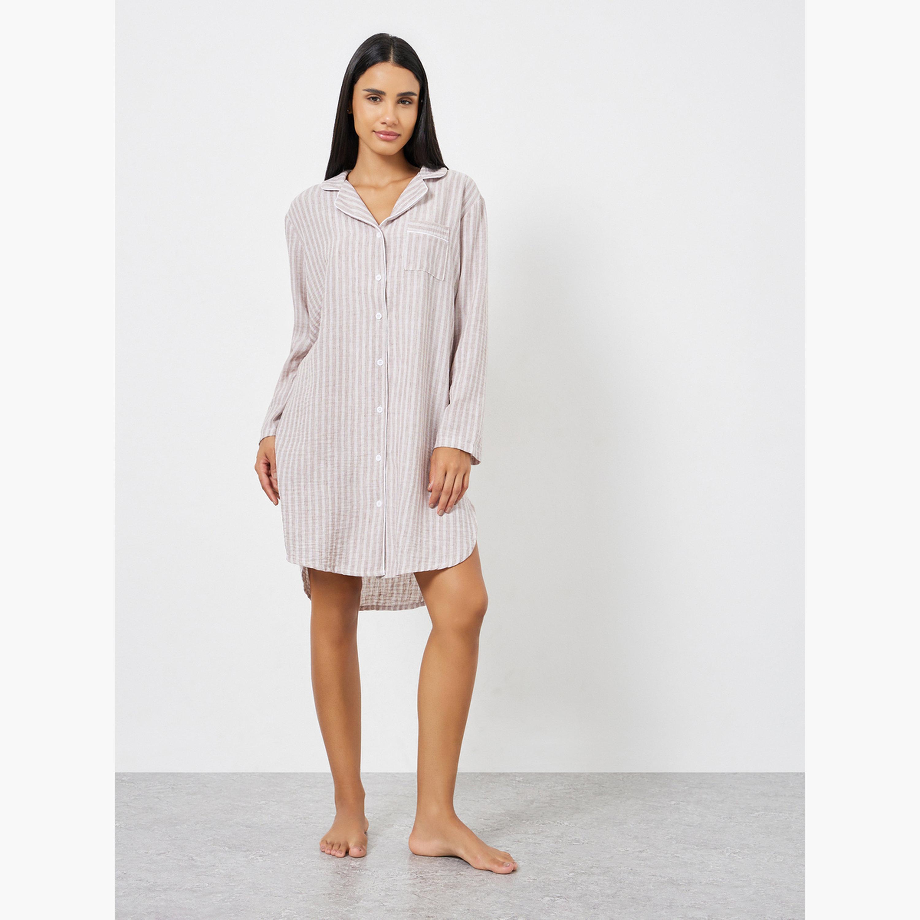 قميص نوم بمظهر الكتان مخطط وبأزرار-women-clothing-nightwear-nighties-image-1