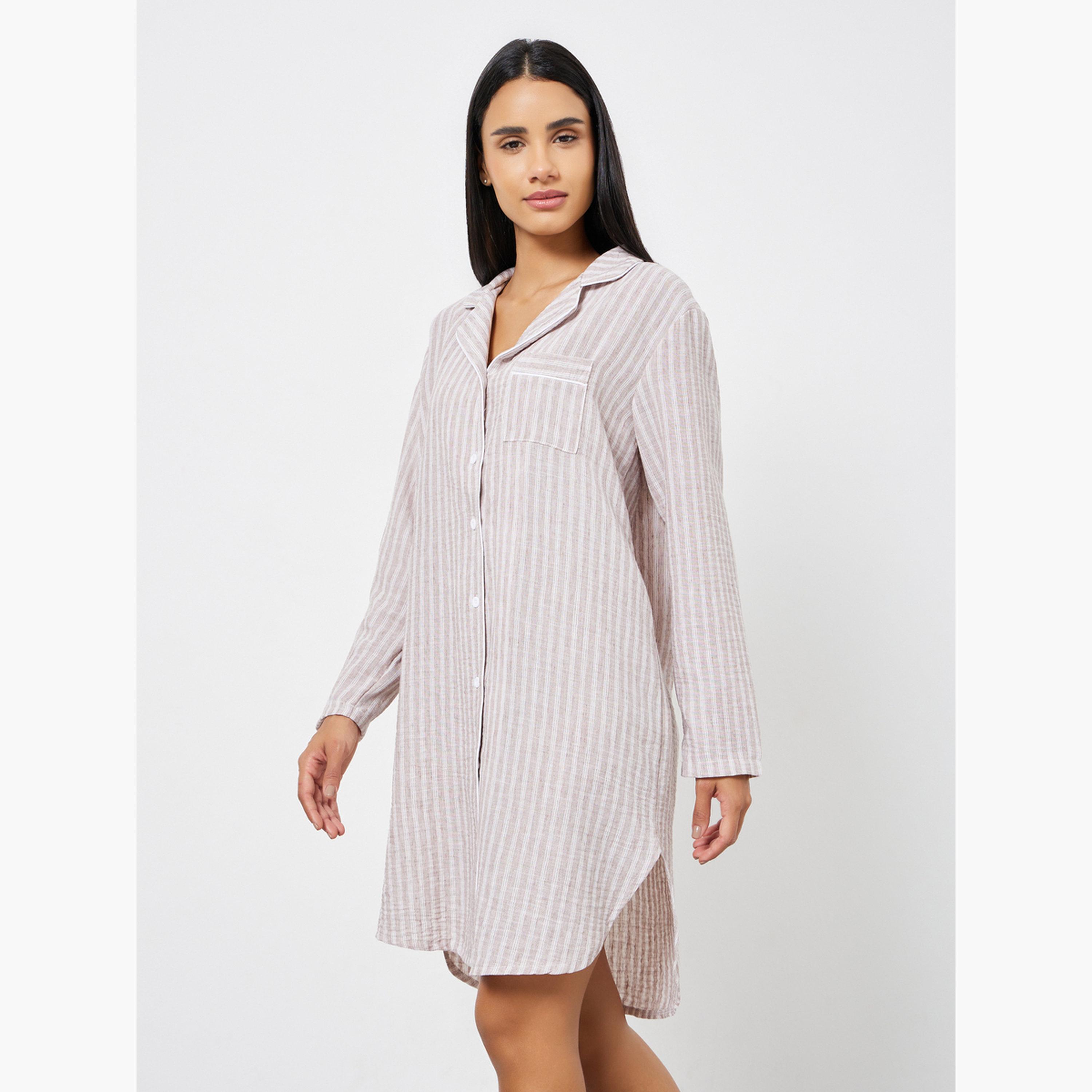 قميص نوم بمظهر الكتان مخطط وبأزرار-women-clothing-nightwear-nighties-image-3