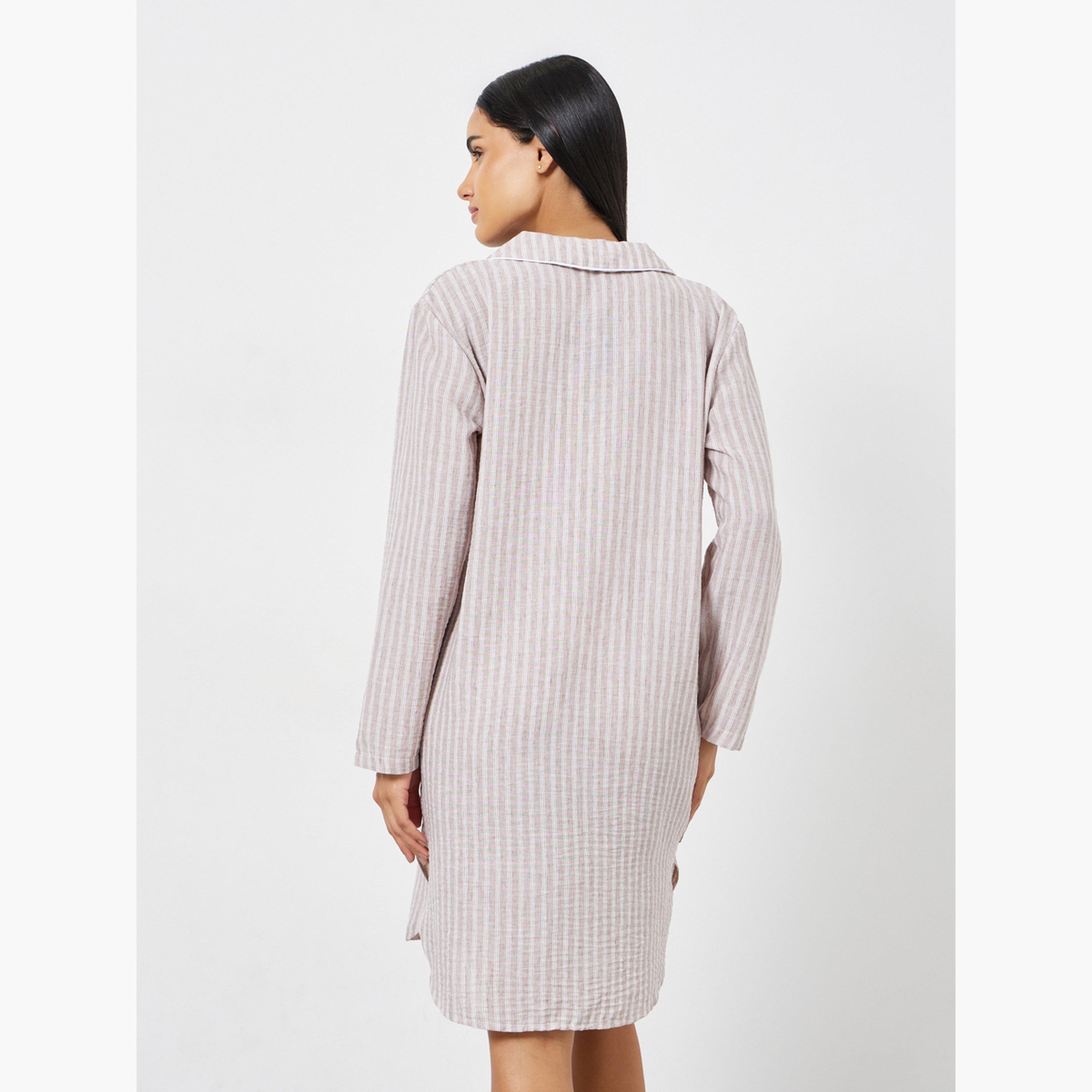 قميص نوم بمظهر الكتان مخطط وبأزرار-women-clothing-nightwear-nighties-image-4