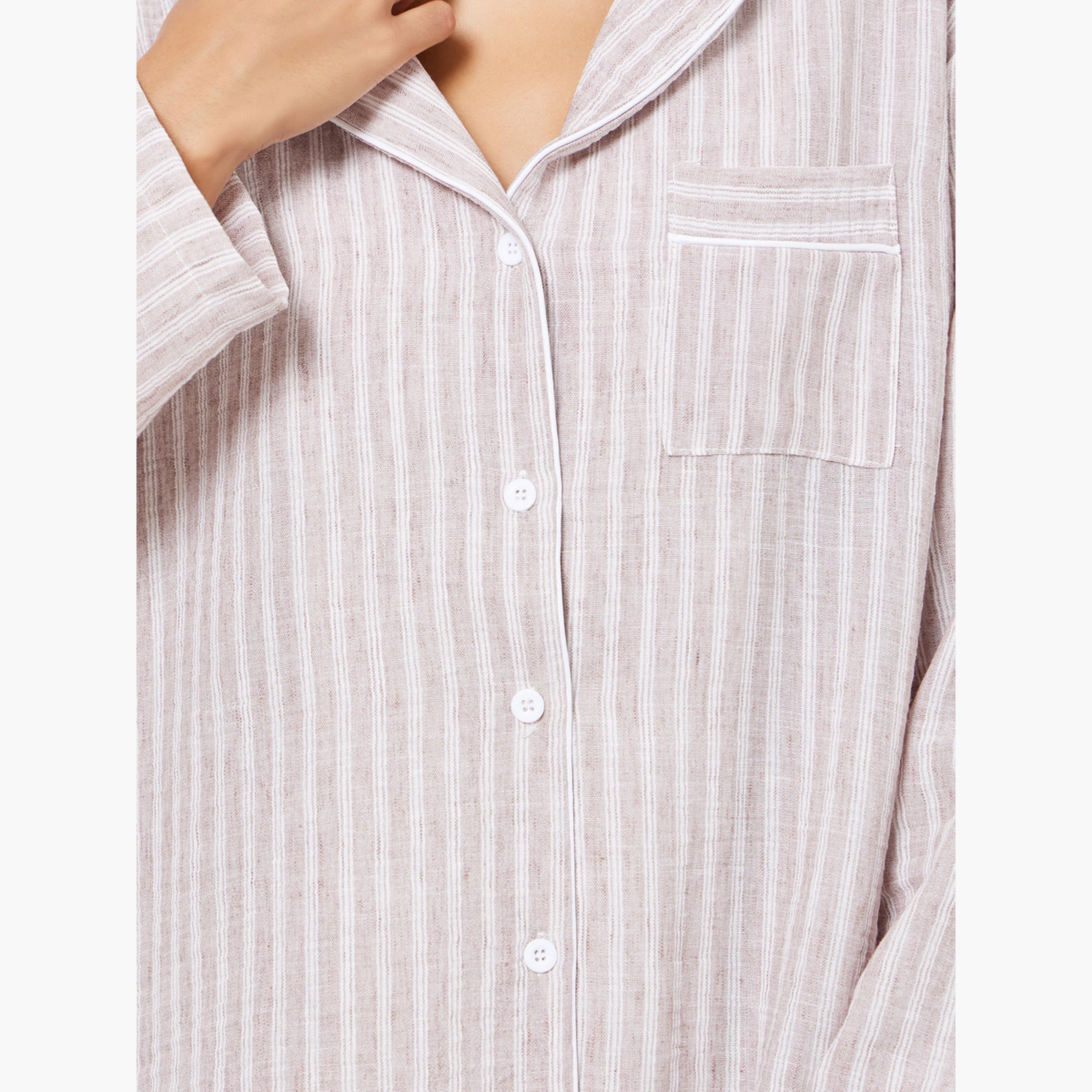 قميص نوم بمظهر الكتان مخطط وبأزرار-women-clothing-nightwear-nighties-image-5