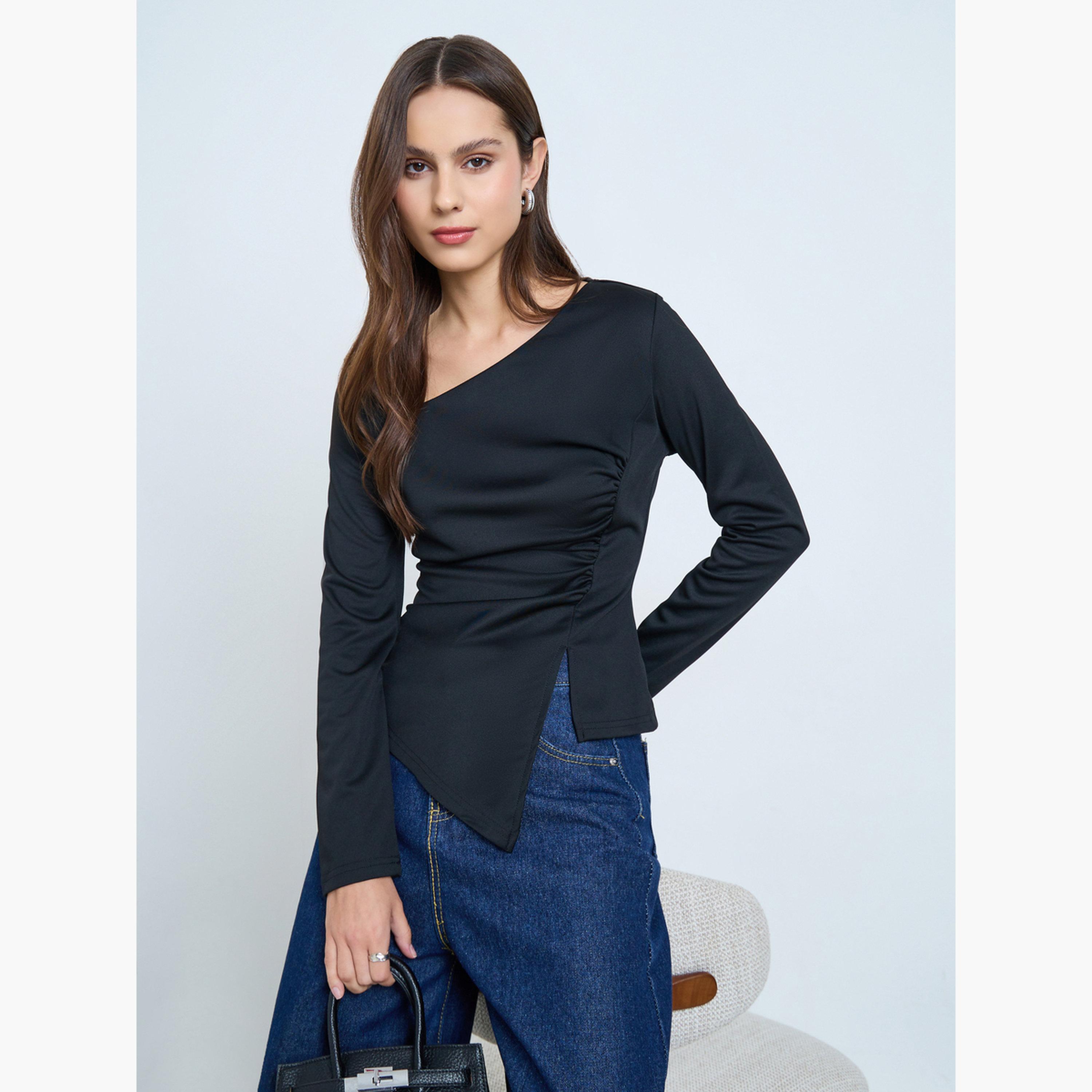 Take Two Black Irregular Neck Slit Hem Long Sleeve Top-women-clothing-shirtsandblouses-blouses-image-2
