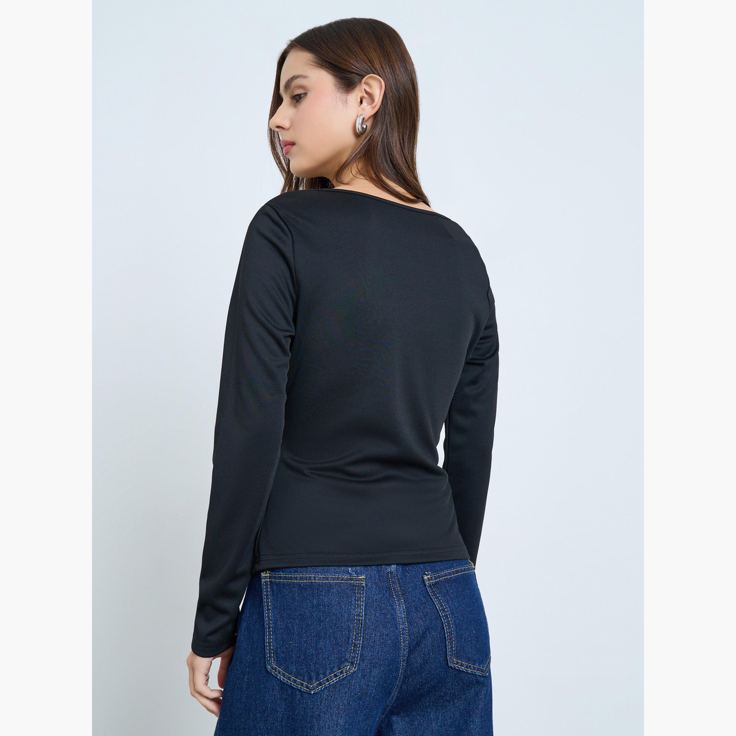تيك تو - توب أسود طويل الأكمام بياقة مائلة وفتحة جانبية-women-clothing-shirtsandblouses-blouses-image-3
