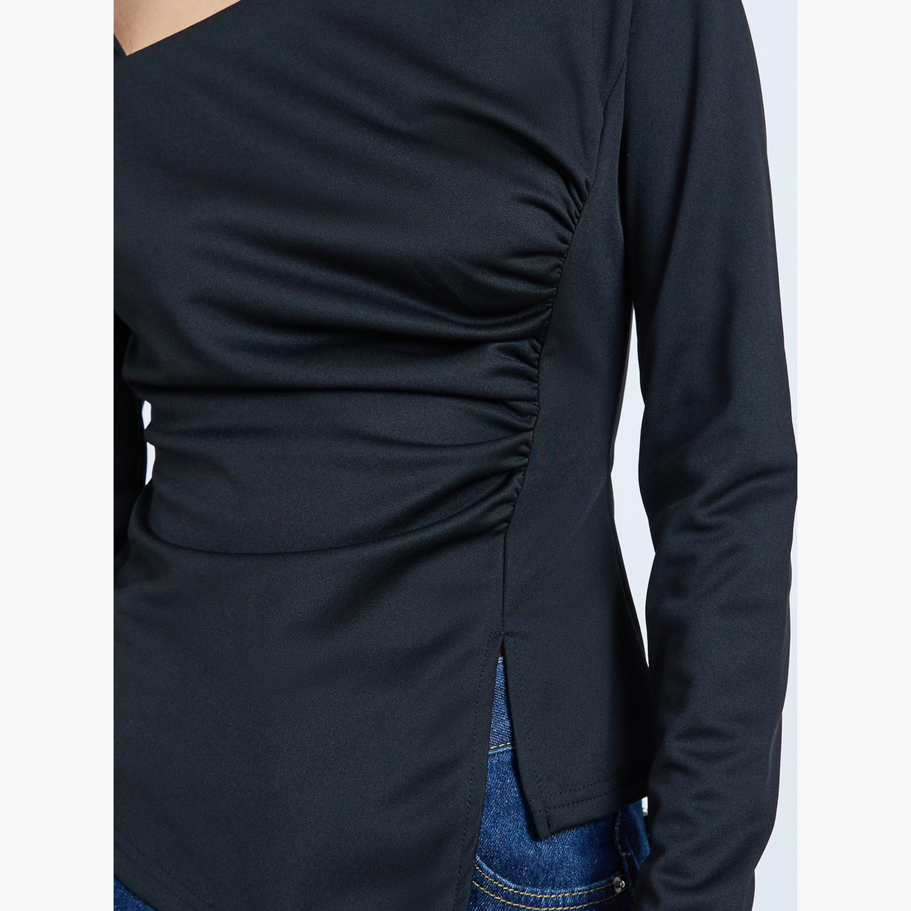 Take Two Black Irregular Neck Slit Hem Long Sleeve Top-women-clothing-shirtsandblouses-blouses-image-4