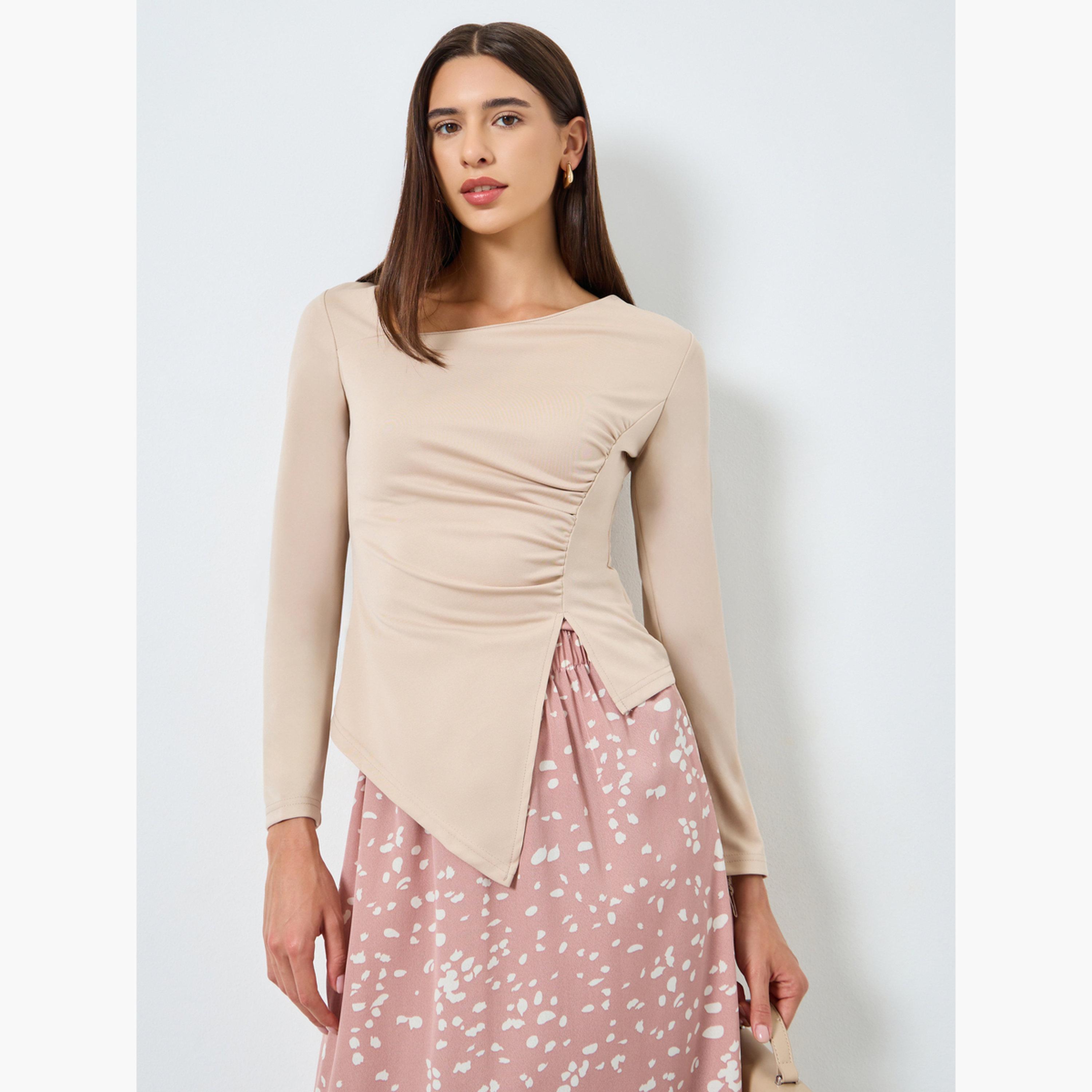 Take Two Beige Asymmetric Long Sleeve Top-women-clothing-shirtsandblouses-blouses-image-1