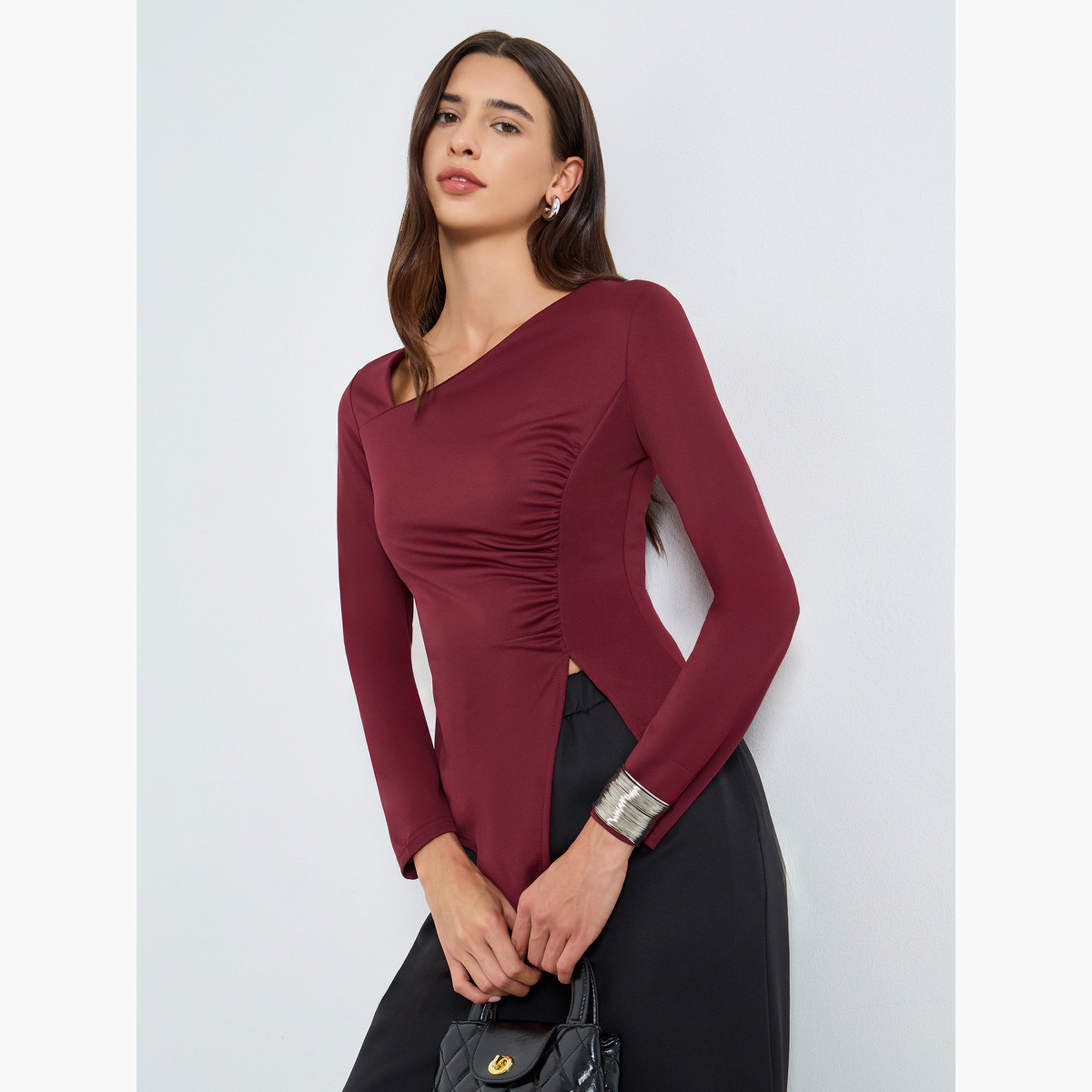 تيك تو - بلوزة سادة بأكمام طويلة رقبة غير منتظمة-women-clothing-shirtsandblouses-blouses-image-1