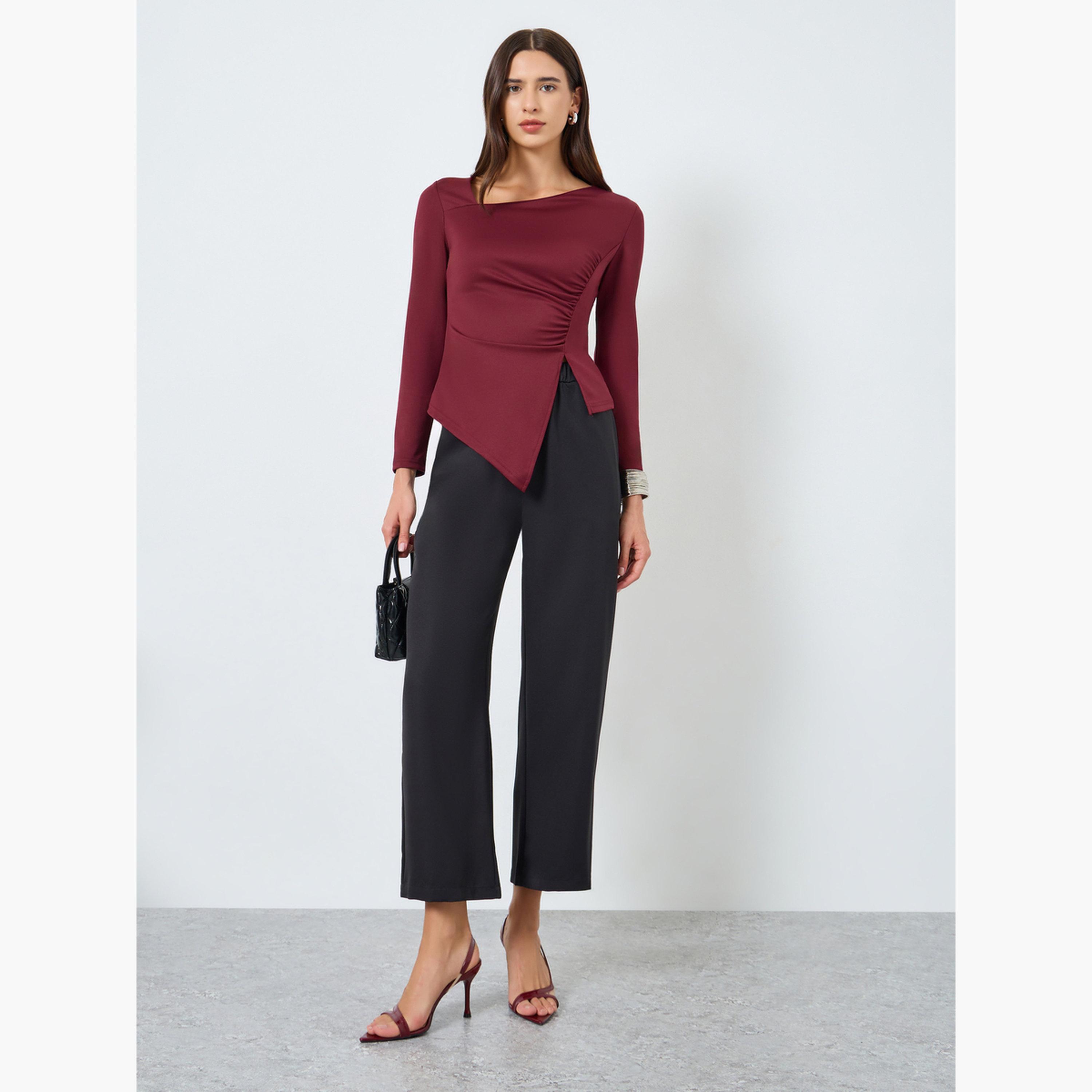 Take Two Solid Irregular Neck Slit Hem Long Sleeve Top-women-clothing-shirtsandblouses-blouses-image-2