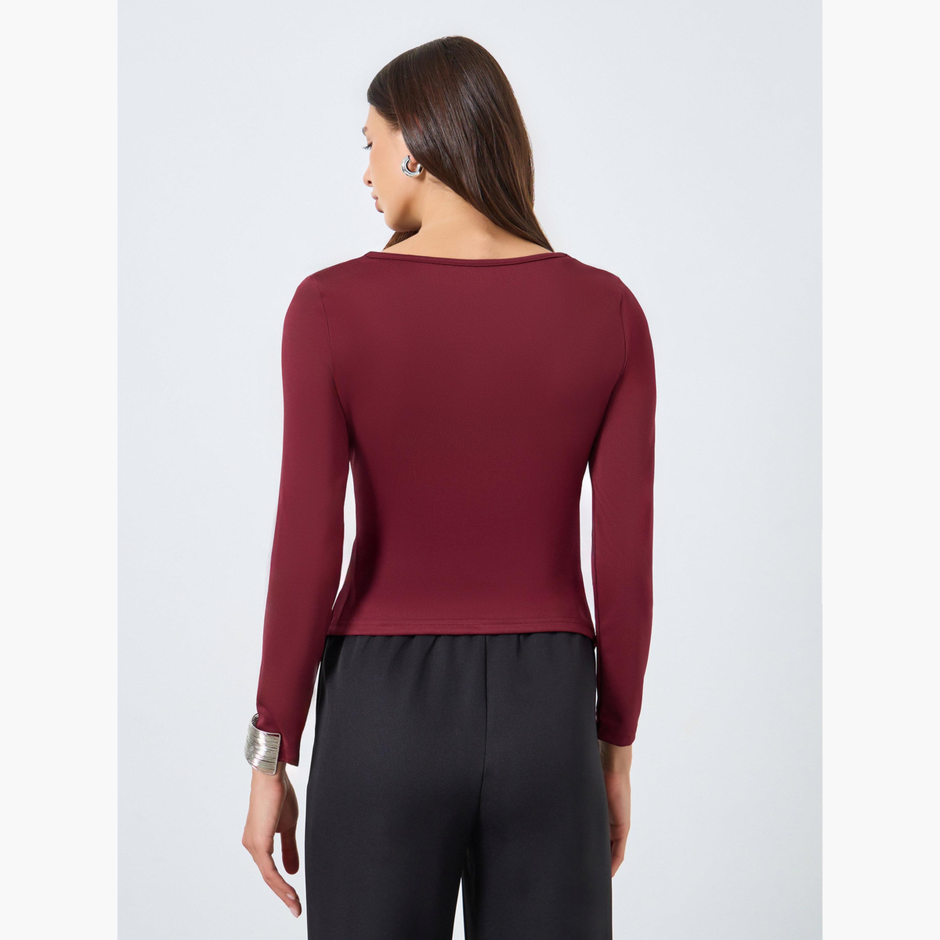 Take Two Solid Irregular Neck Slit Hem Long Sleeve Top-women-clothing-shirtsandblouses-blouses-image-3