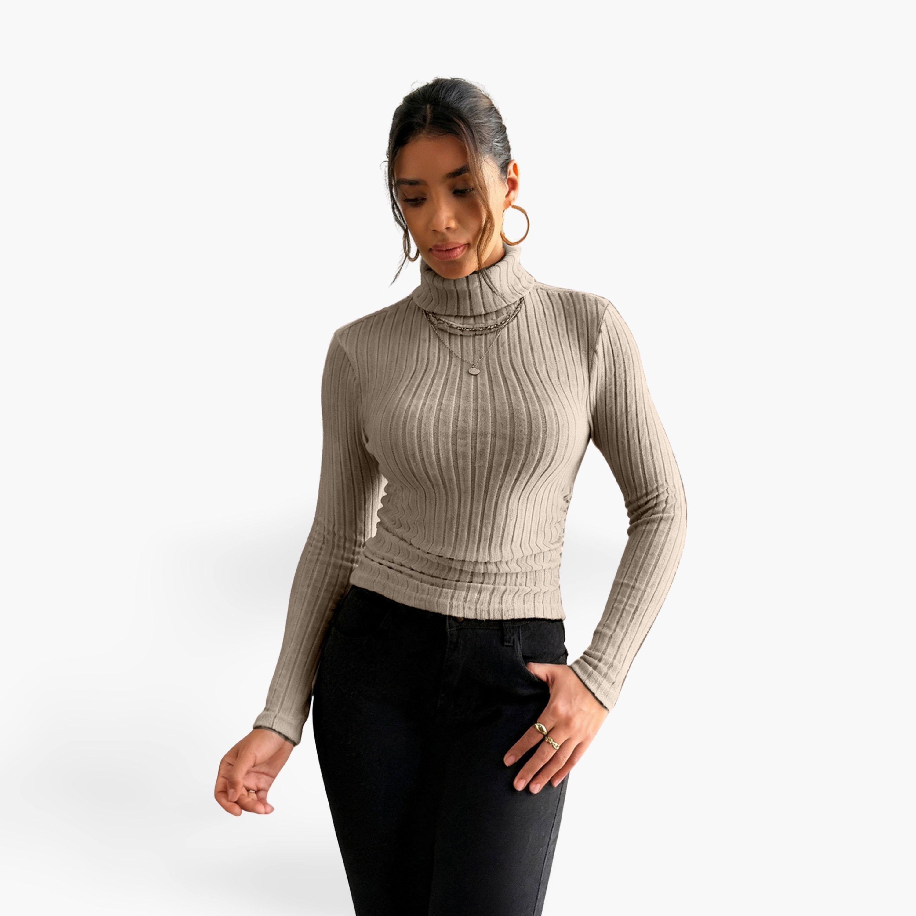 Take Two Women Beige Ribbed Turtleneck Top-women-clothing-shirtsandblouses-blouses-image-1