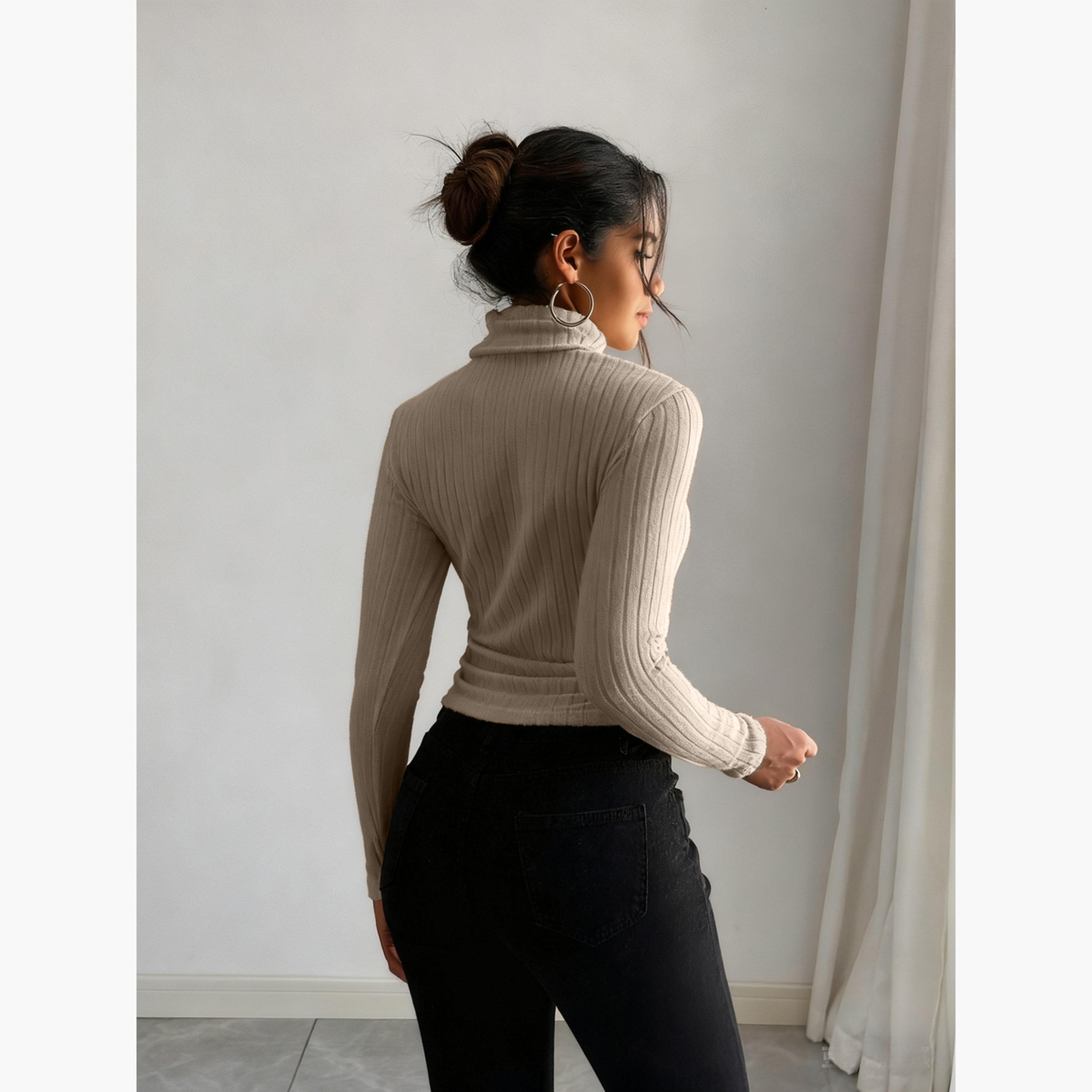 Take Two Women Beige Ribbed Turtleneck Top-women-clothing-shirtsandblouses-blouses-image-3