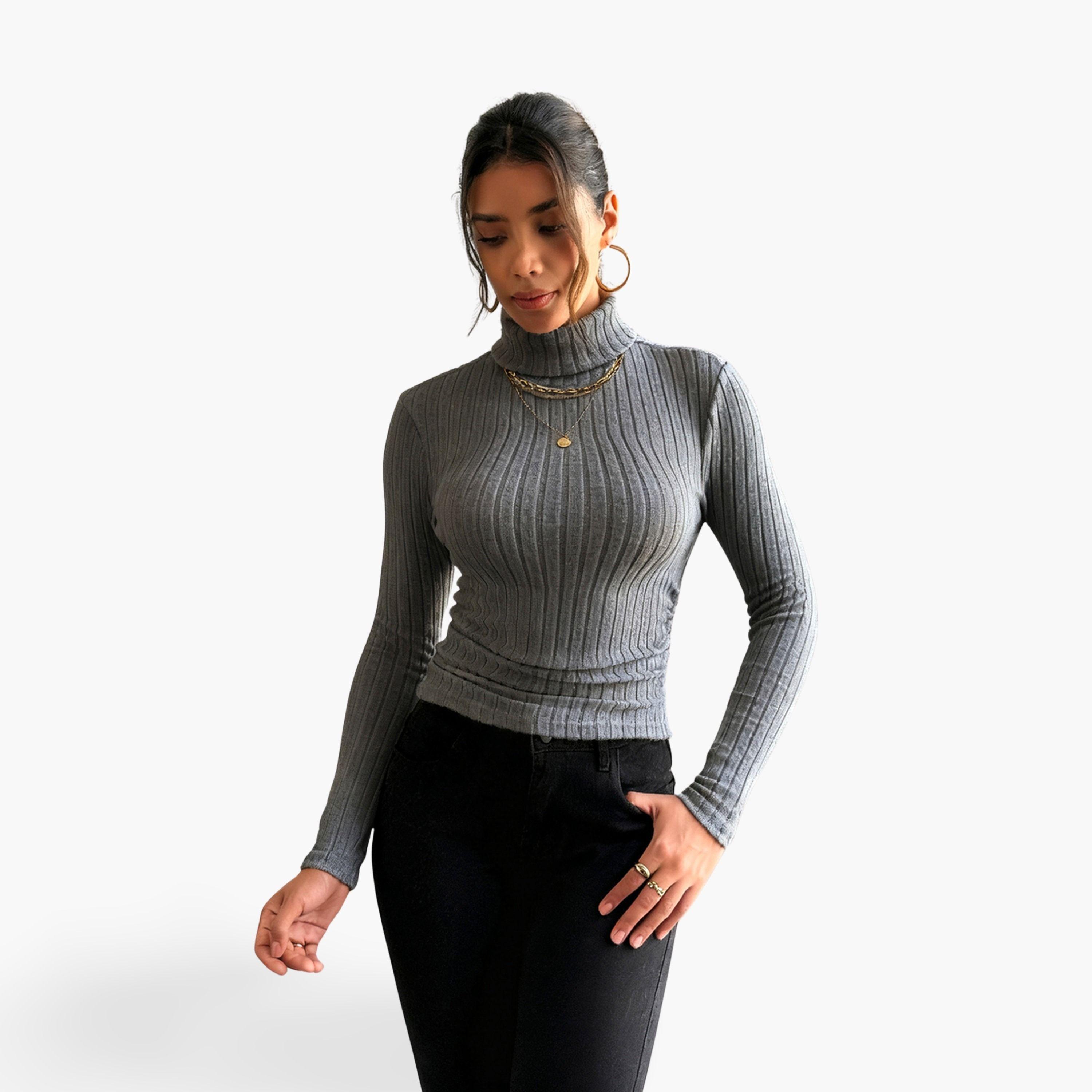 Take Two Women Grey Ribbed Turtleneck Top-women-clothing-shirtsandblouses-blouses-image-1