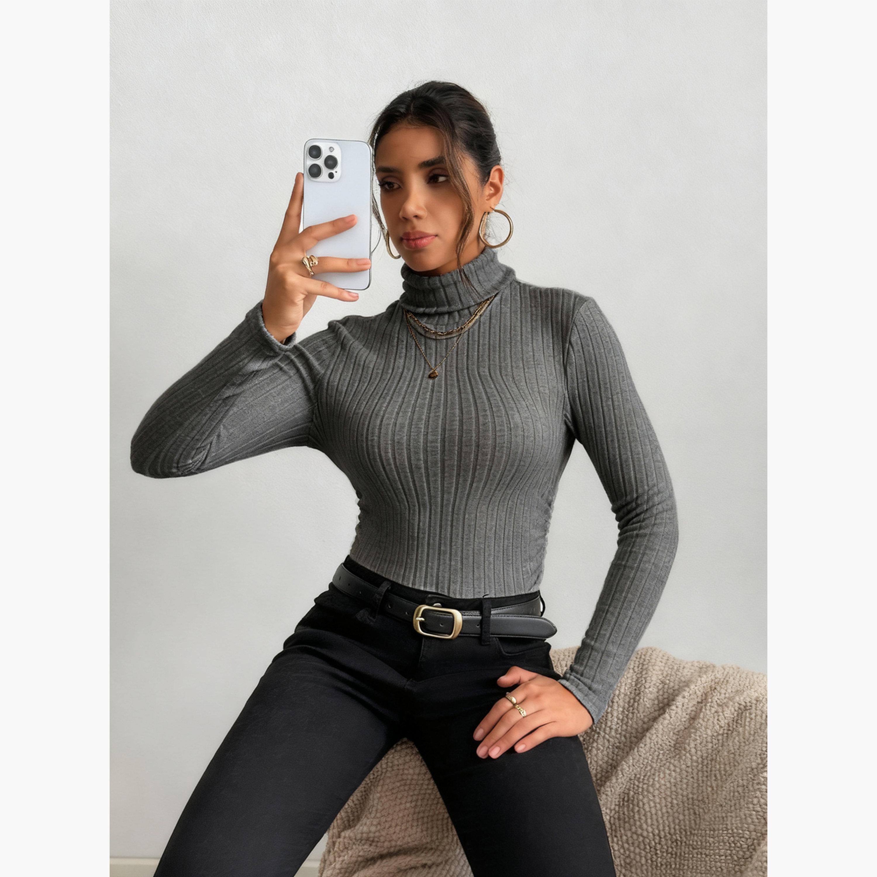 Take Two Women Grey Ribbed Turtleneck Top-women-clothing-shirtsandblouses-blouses-image-2