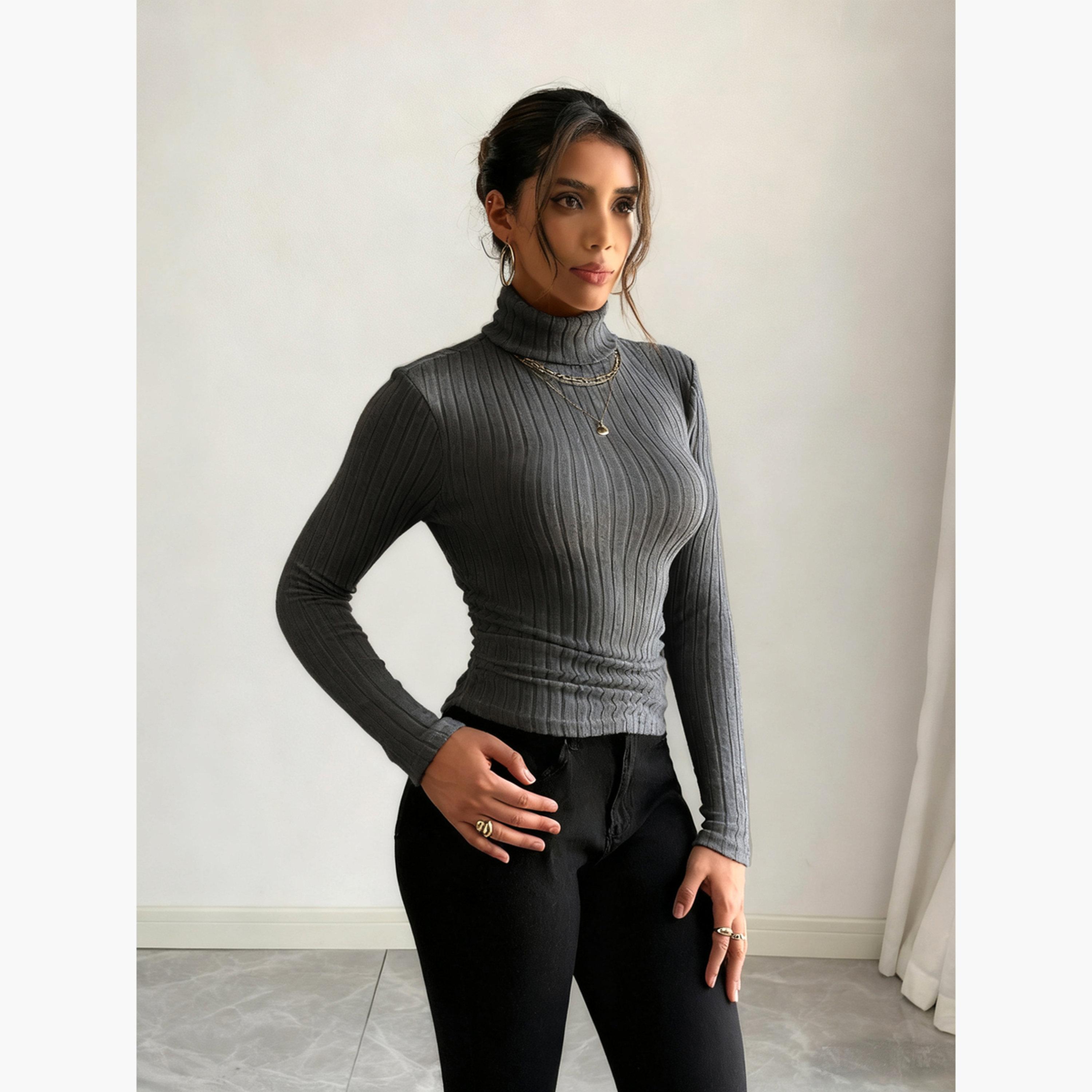 Take Two Women Grey Ribbed Turtleneck Top-women-clothing-shirtsandblouses-blouses-image-4