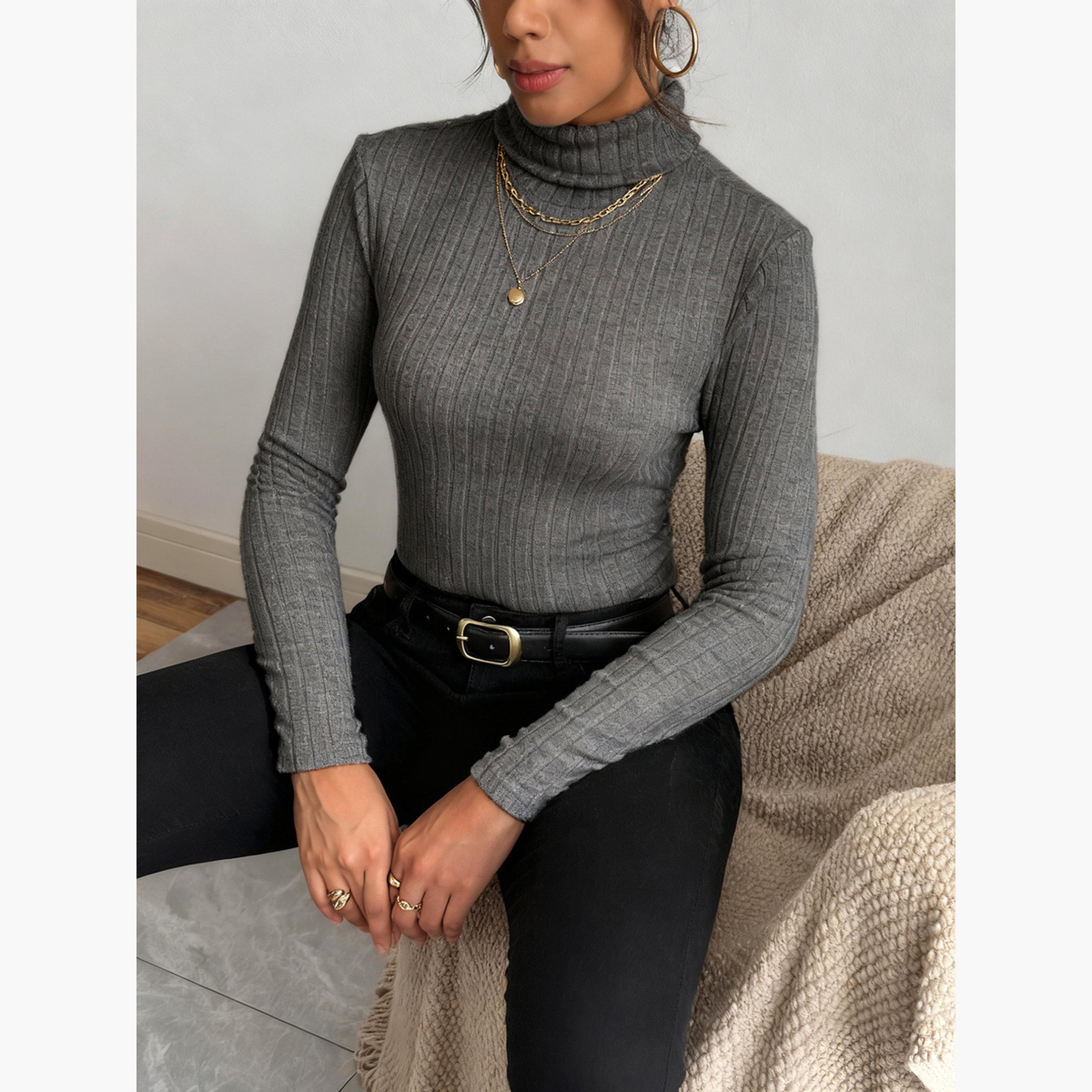Take Two Women Grey Ribbed Turtleneck Top-women-clothing-shirtsandblouses-blouses-image-5