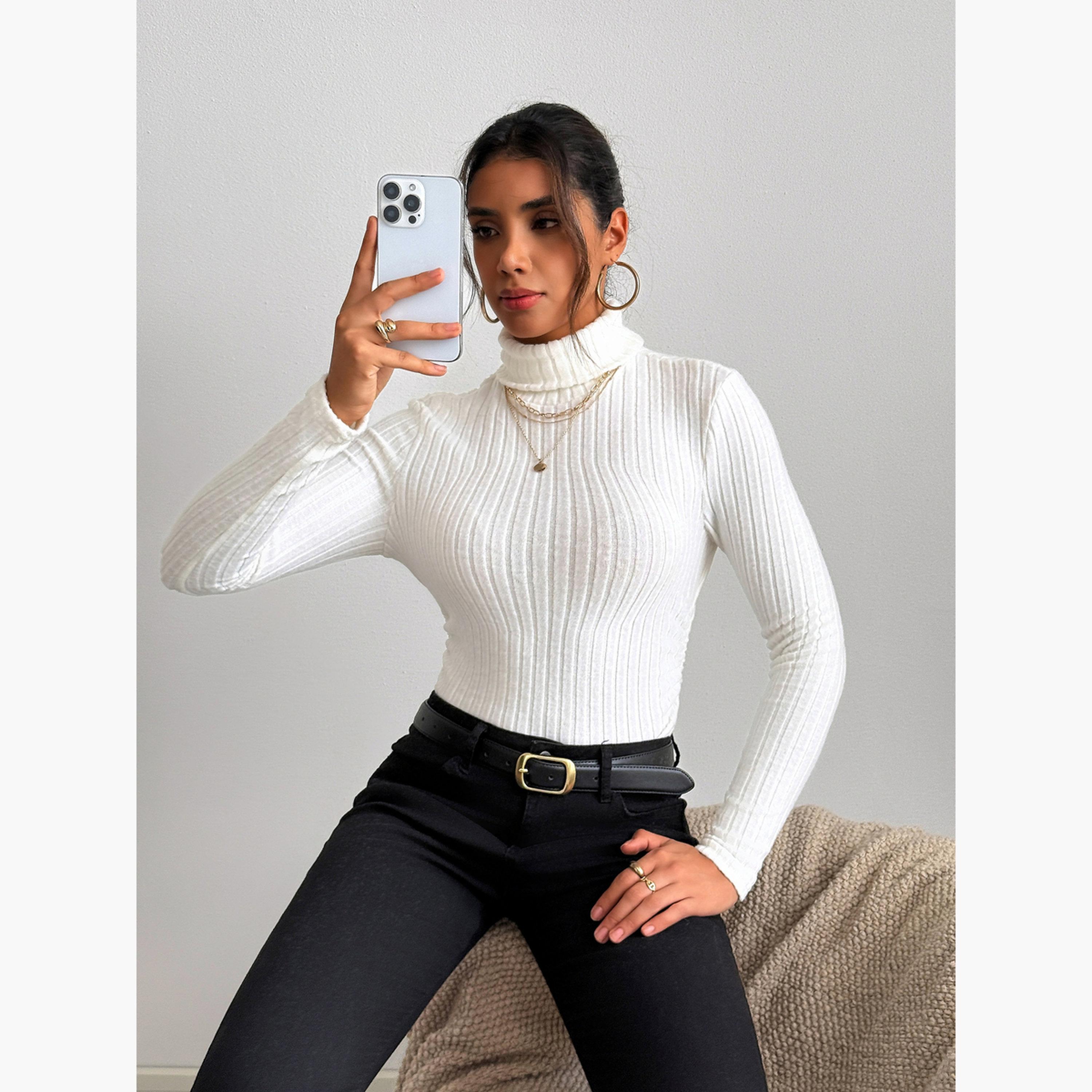 Take Two Women White Ribbed Turtleneck Top-women-clothing-shirtsandblouses-blouses-image-2