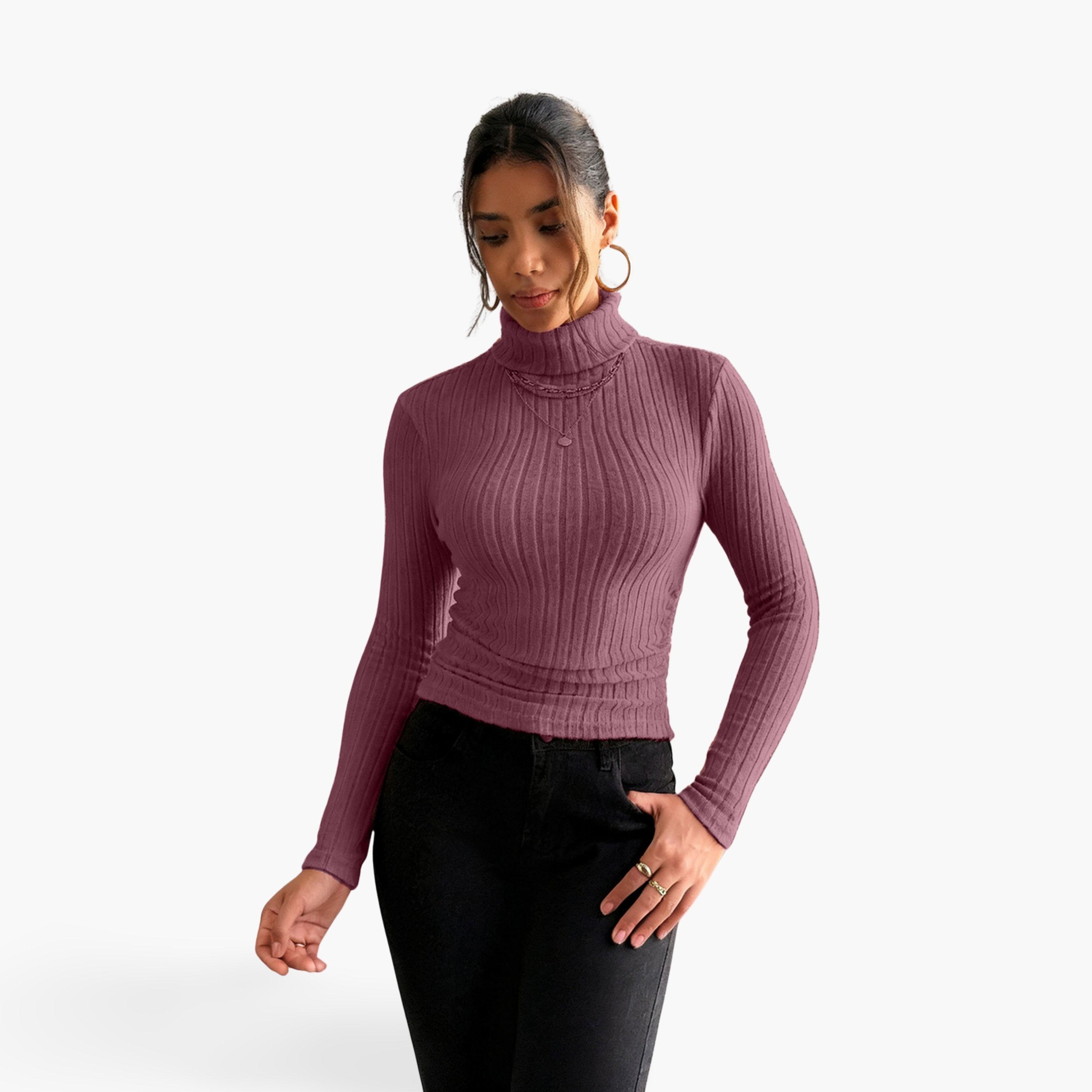 تيك تو - بلوزة نسائية وردية داكنة مضلعة بياقة مدورة-women-clothing-shirtsandblouses-blouses-image-1
