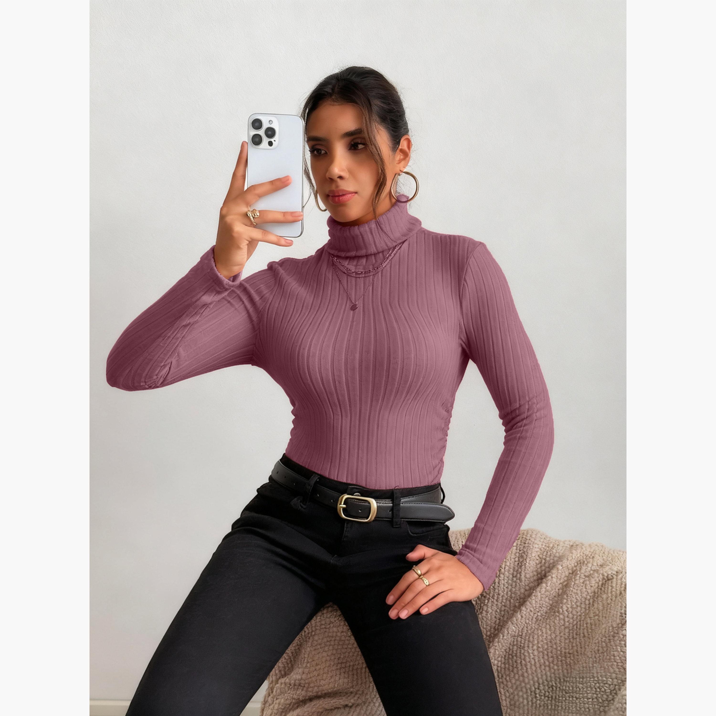 تيك تو - بلوزة نسائية وردية داكنة مضلعة بياقة مدورة-women-clothing-shirtsandblouses-blouses-image-2