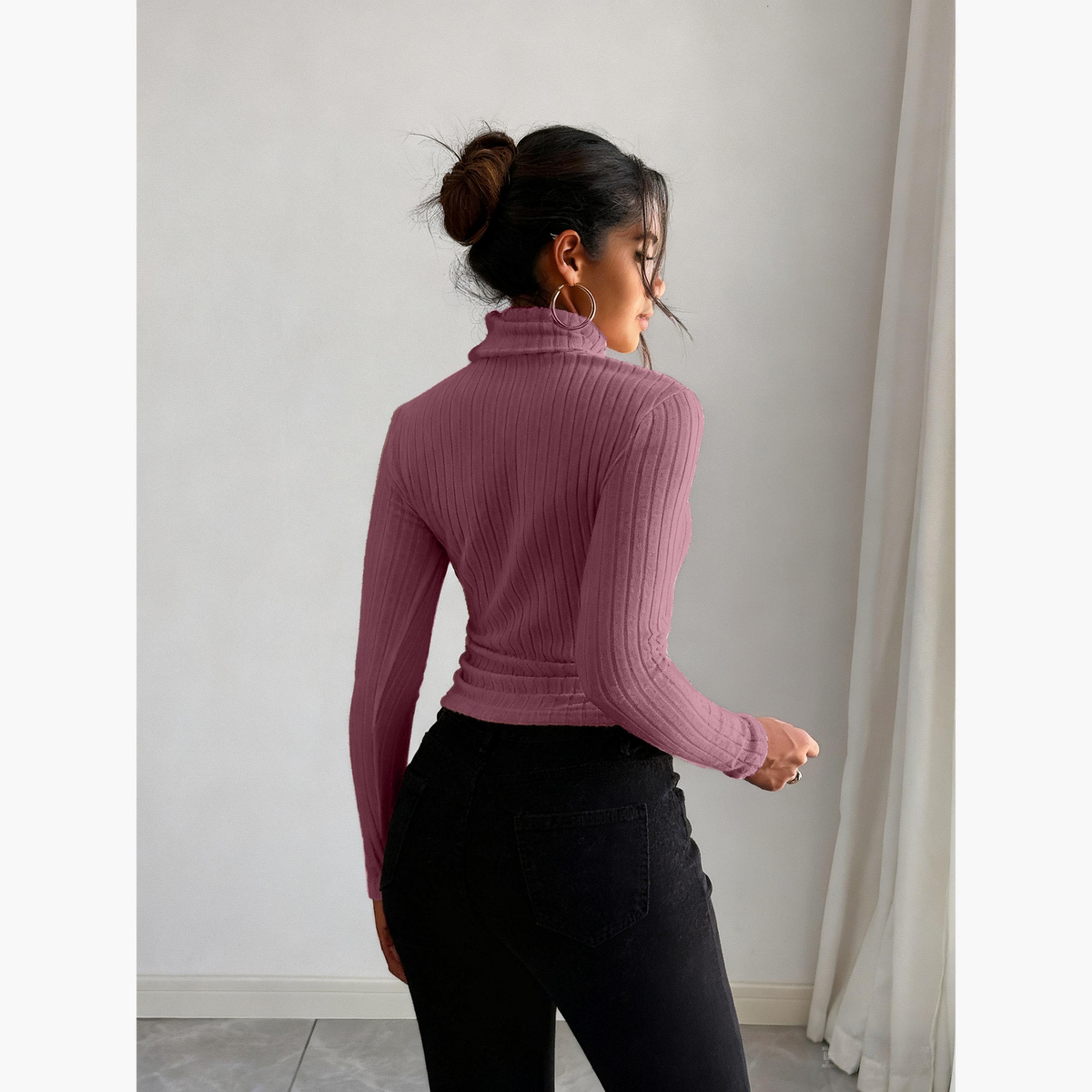 تيك تو - بلوزة نسائية وردية داكنة مضلعة بياقة مدورة-women-clothing-shirtsandblouses-blouses-image-3