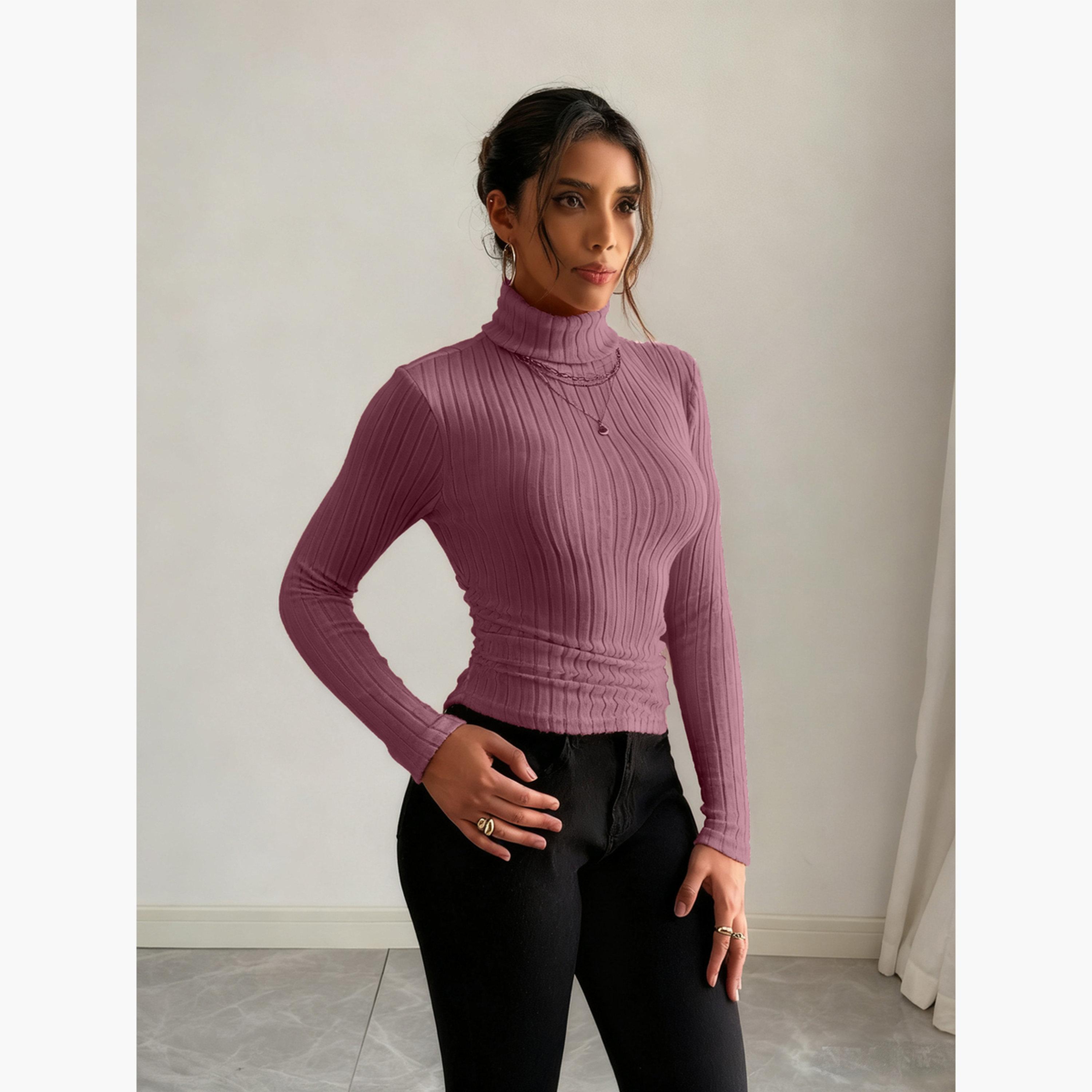 تيك تو - بلوزة نسائية وردية داكنة مضلعة بياقة مدورة-women-clothing-shirtsandblouses-blouses-image-4