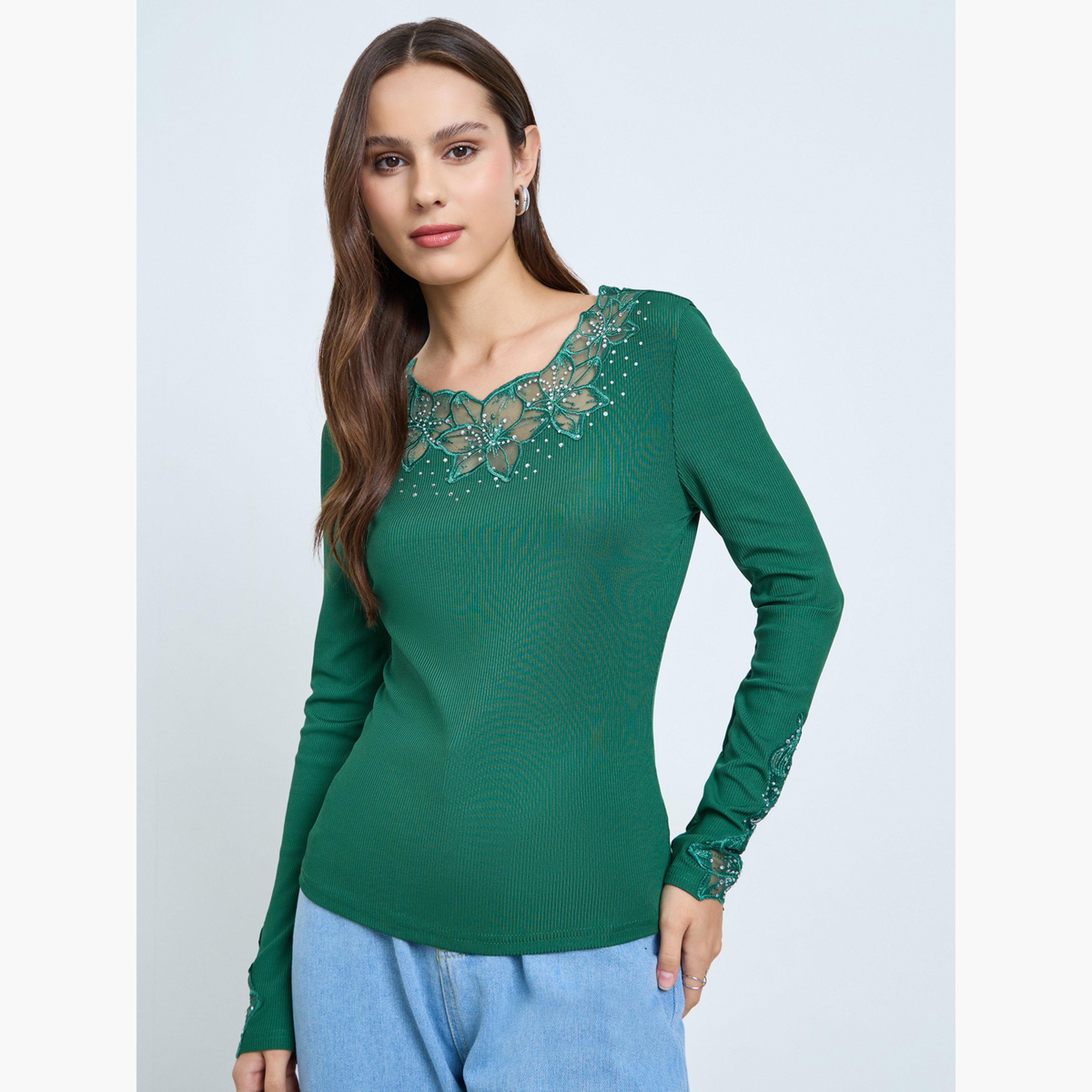 Take Two Dark Green Embellishment Detail Long Sleeve Top-women-clothing-shirtsandblouses-blouses-image-1
