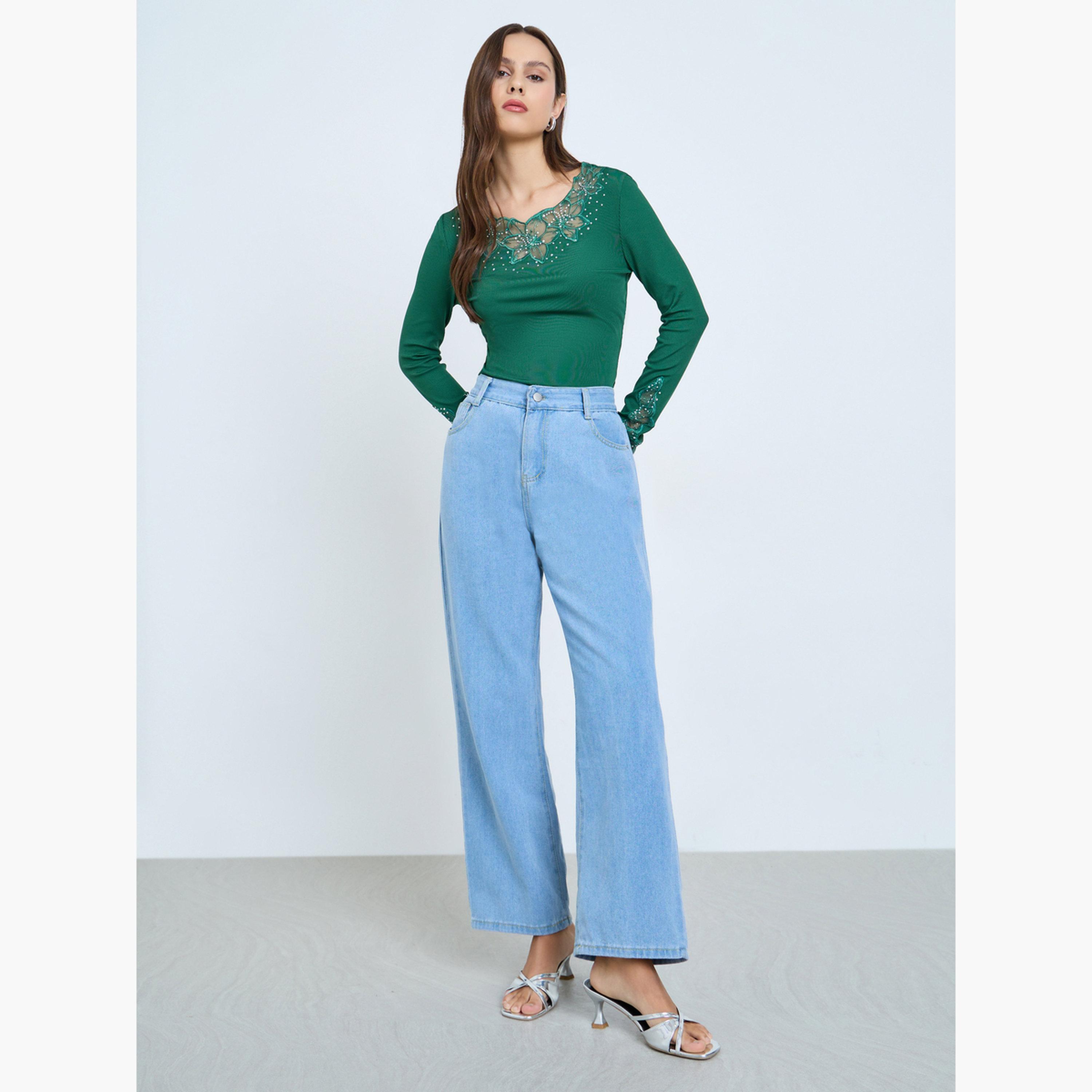Take Two Dark Green Embellishment Detail Long Sleeve Top-women-clothing-shirtsandblouses-blouses-image-2