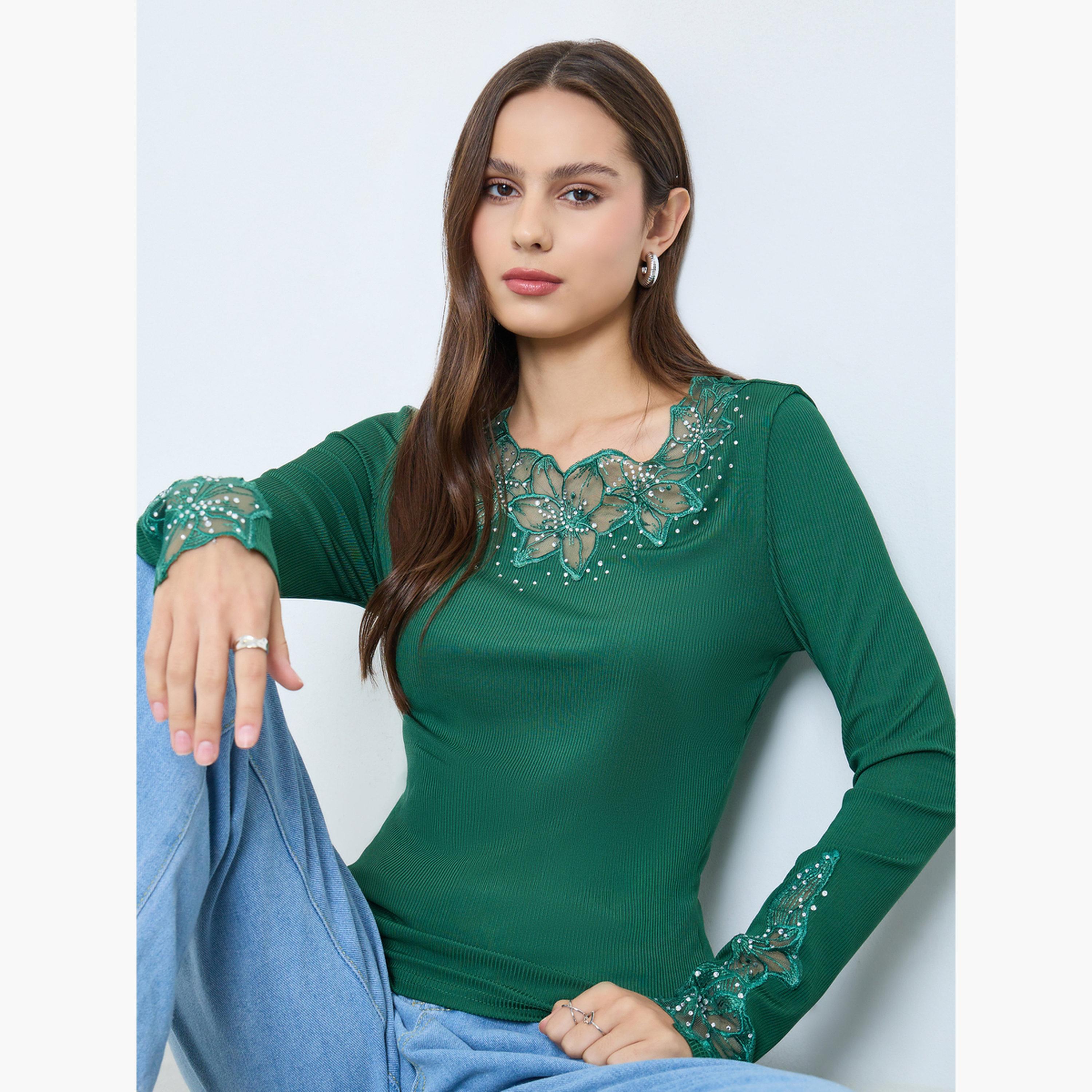 Take Two Dark Green Embellishment Detail Long Sleeve Top-women-clothing-shirtsandblouses-blouses-image-3