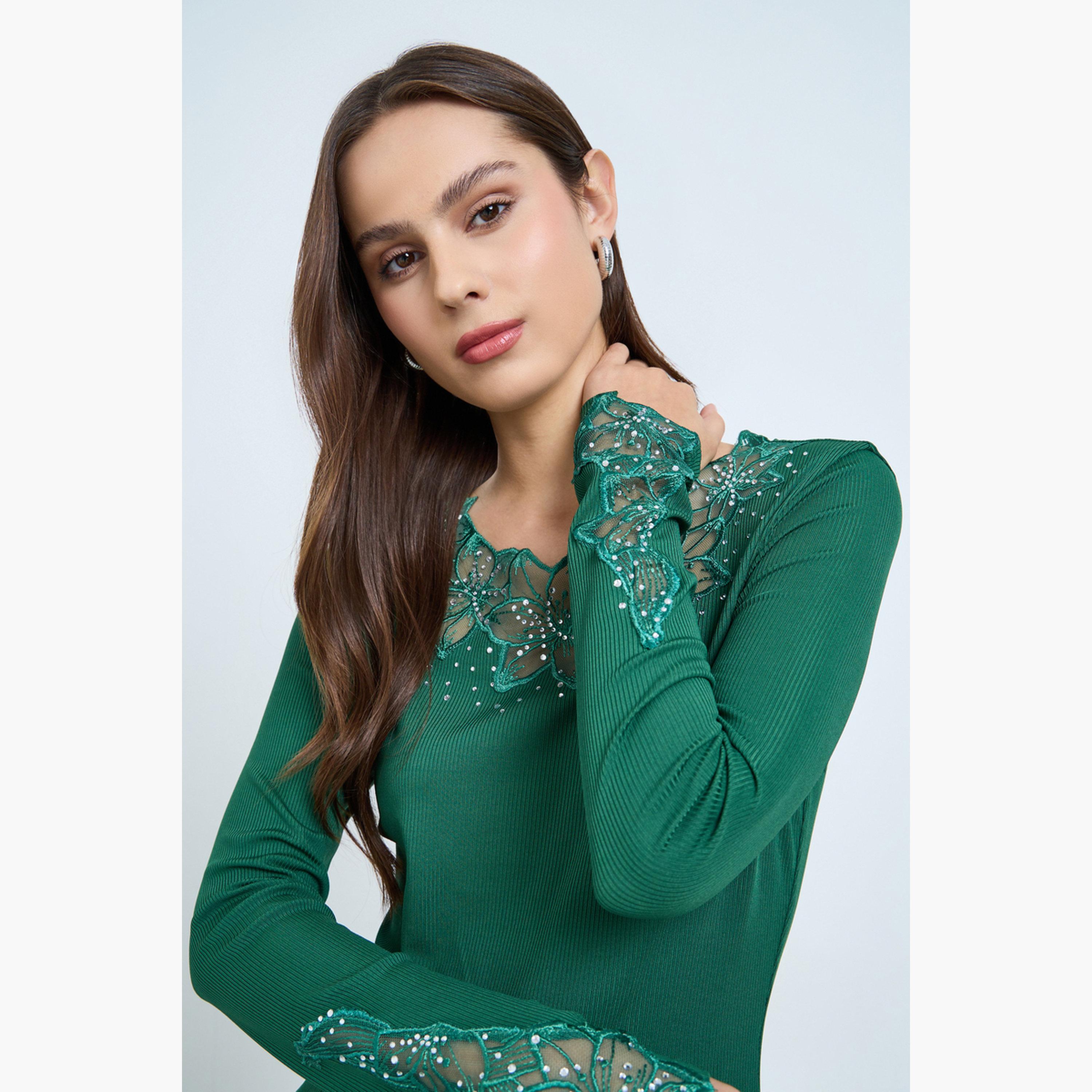 Take Two Dark Green Embellishment Detail Long Sleeve Top-women-clothing-shirtsandblouses-blouses-image-4