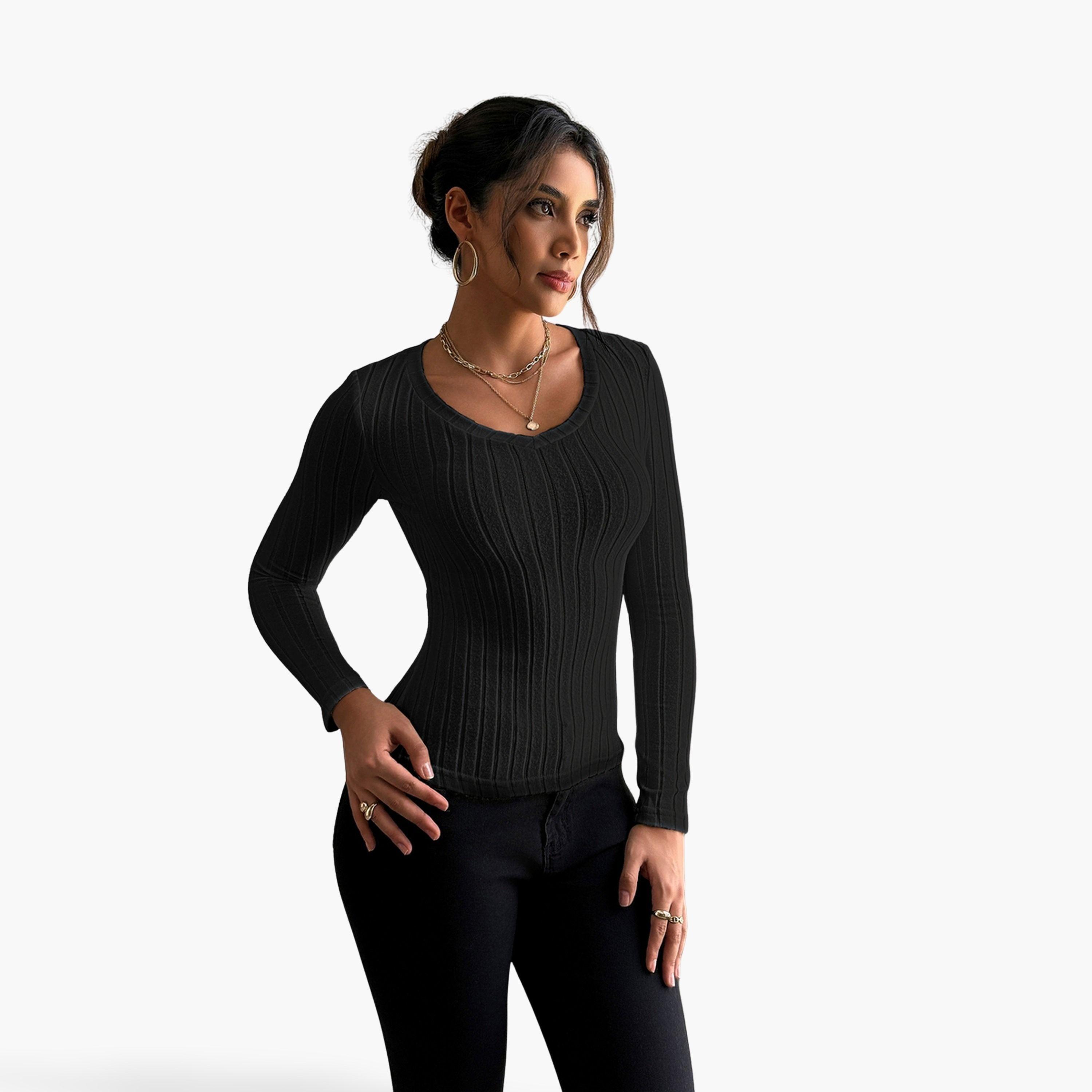 Take Two Women Black Ribbed Knit Long Sleeve Top-women-clothing-shirtsandblouses-blouses-image-1
