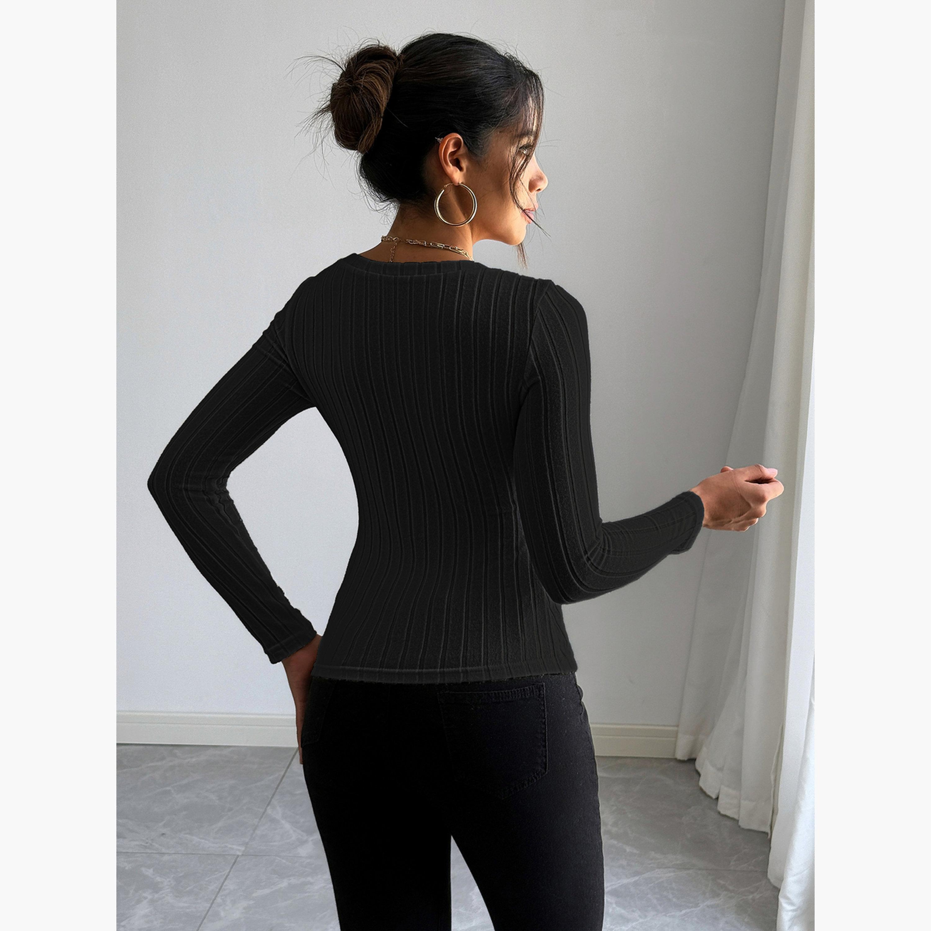 تيك تو - بلوزة نسائية سوداء محبوكة بأكمام طويلة-women-clothing-shirtsandblouses-blouses-image-2