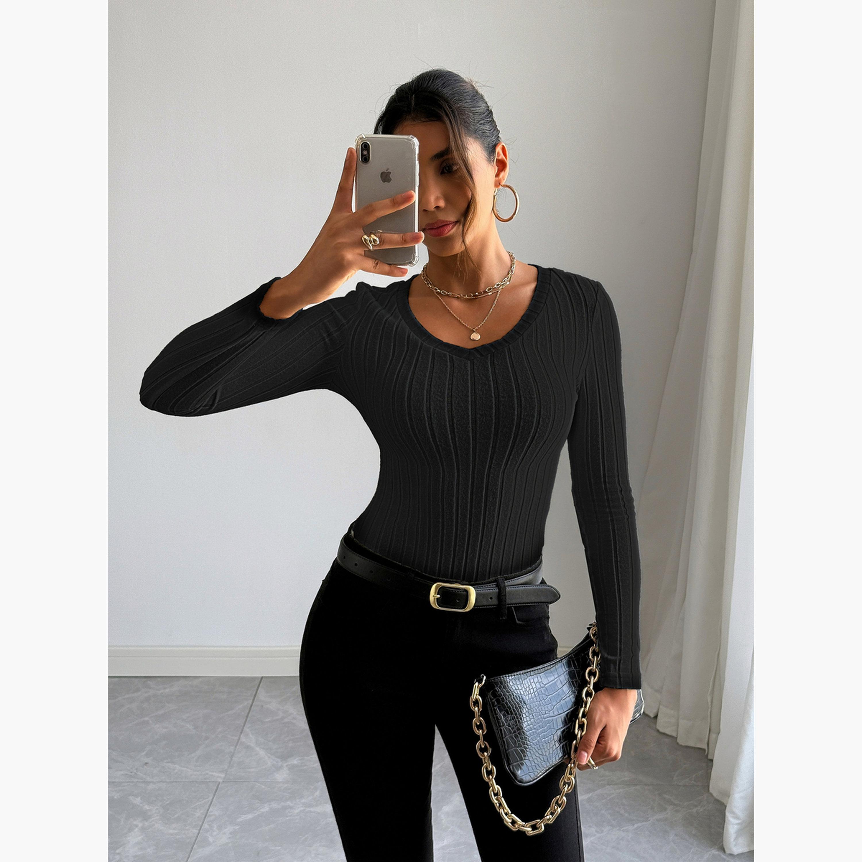 تيك تو - بلوزة نسائية سوداء محبوكة بأكمام طويلة-women-clothing-shirtsandblouses-blouses-image-3