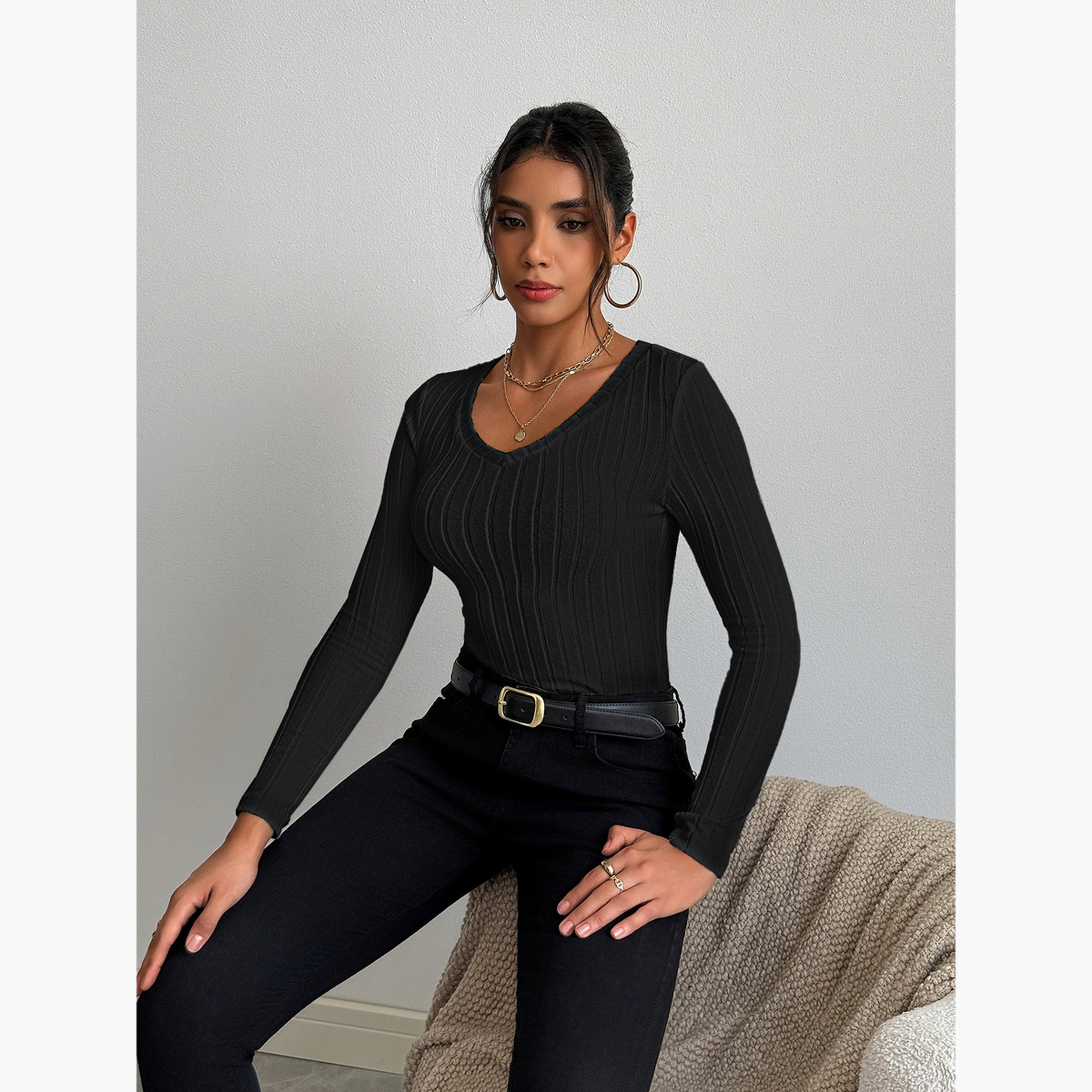 تيك تو - بلوزة نسائية سوداء محبوكة بأكمام طويلة-women-clothing-shirtsandblouses-blouses-image-4