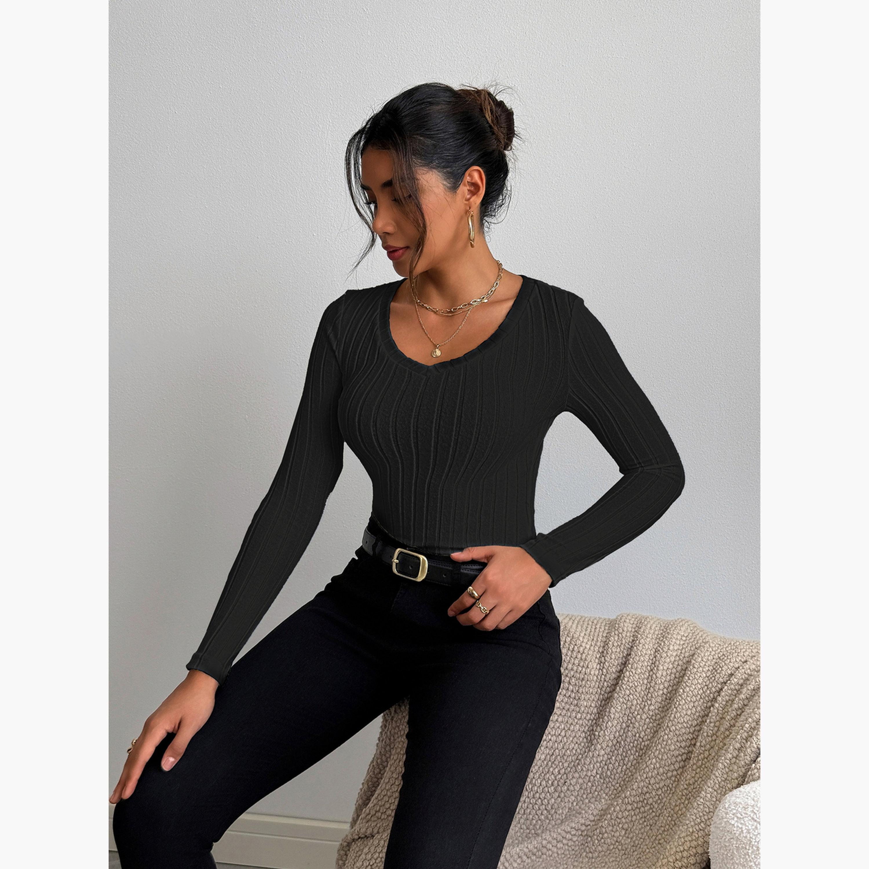 تيك تو - بلوزة نسائية سوداء محبوكة بأكمام طويلة-women-clothing-shirtsandblouses-blouses-image-5