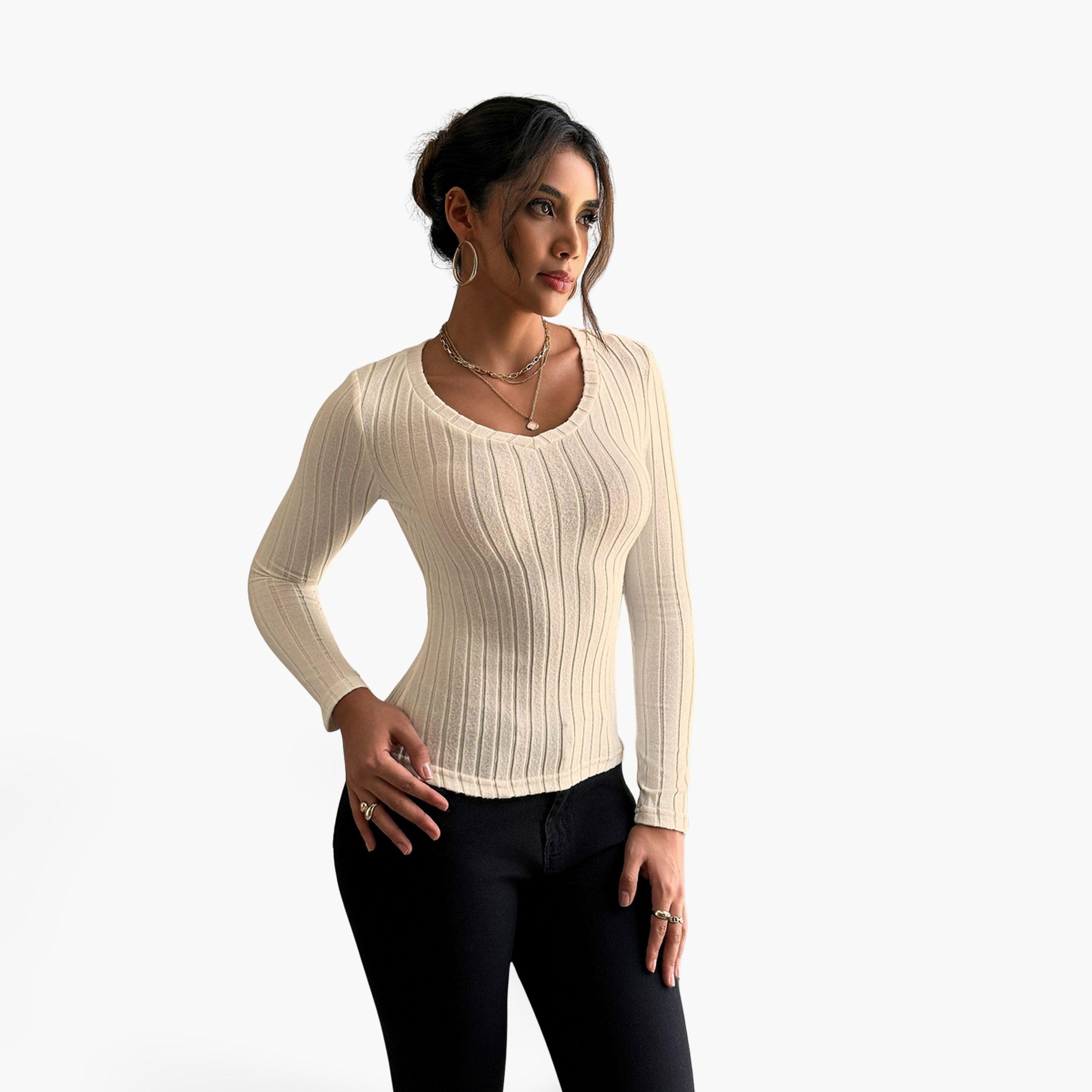 Take Two Women Beige Ribbed Knit Long Sleeve Top-women-clothing-shirtsandblouses-blouses-image-1