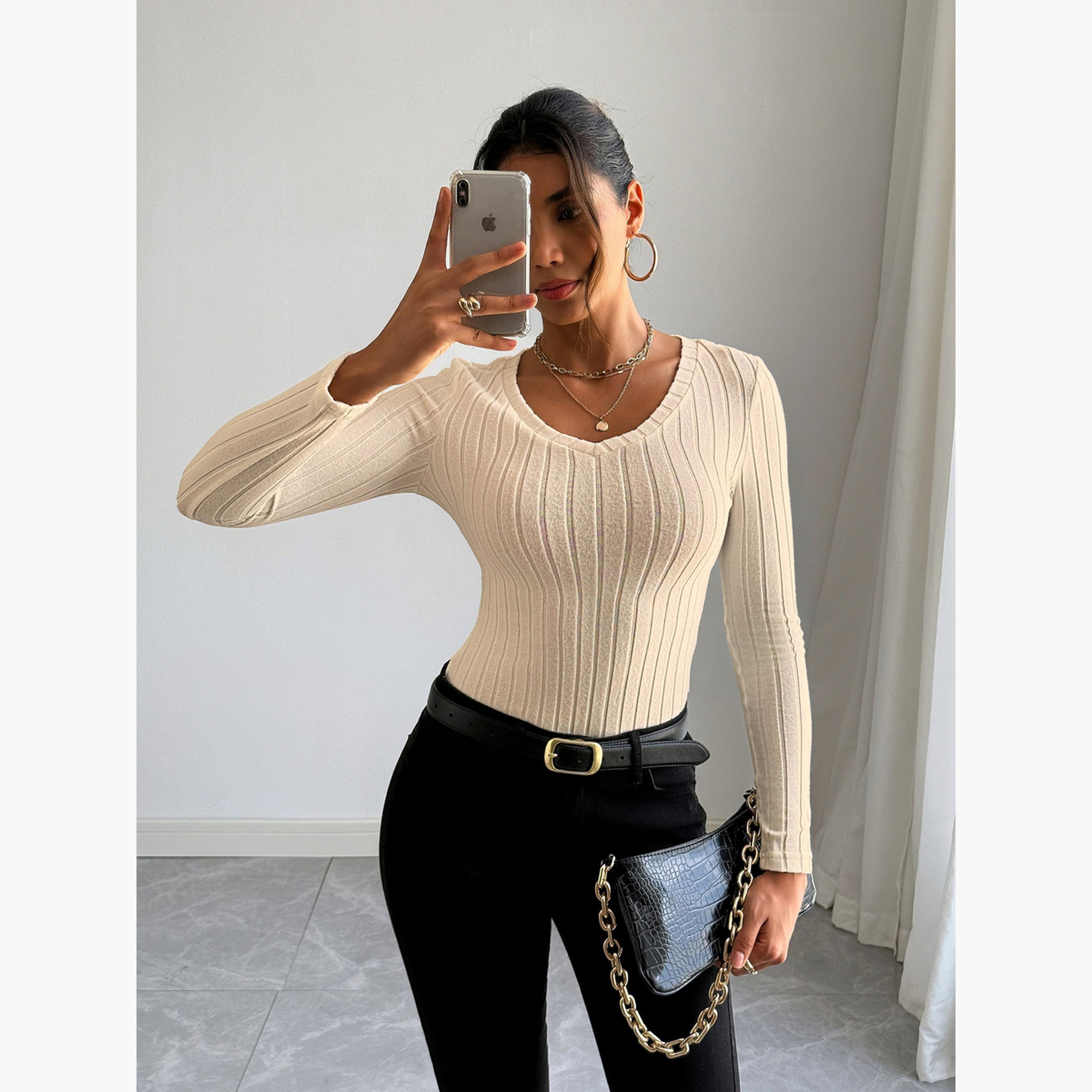 Take Two Women Beige Ribbed Knit Long Sleeve Top-women-clothing-shirtsandblouses-blouses-image-4