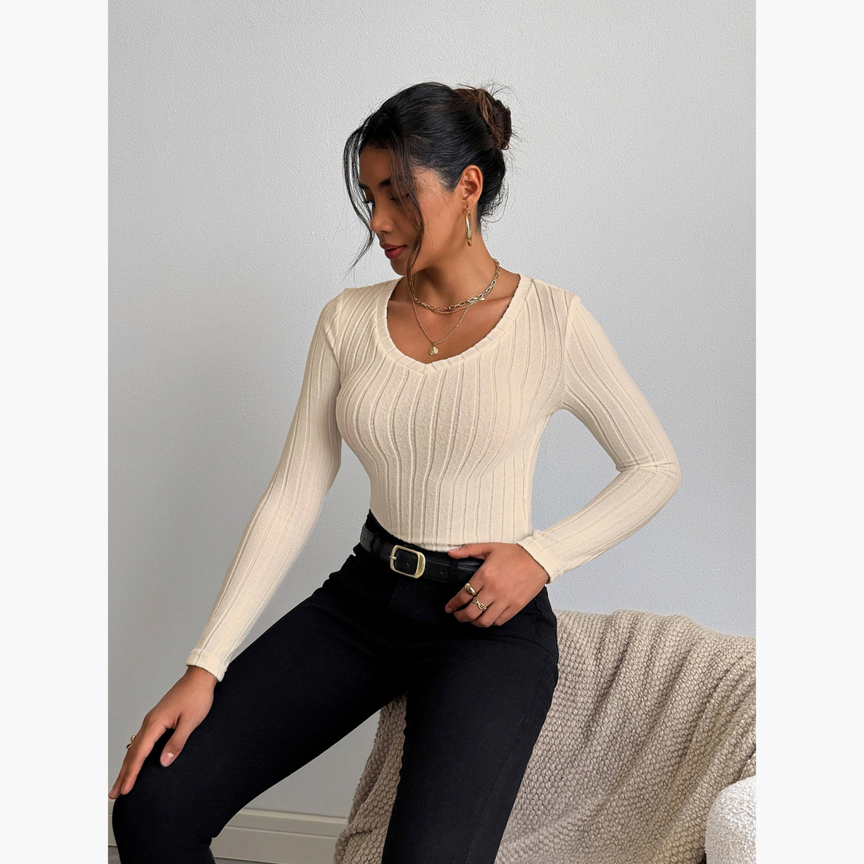 Take Two Women Beige Ribbed Knit Long Sleeve Top-women-clothing-shirtsandblouses-blouses-image-5