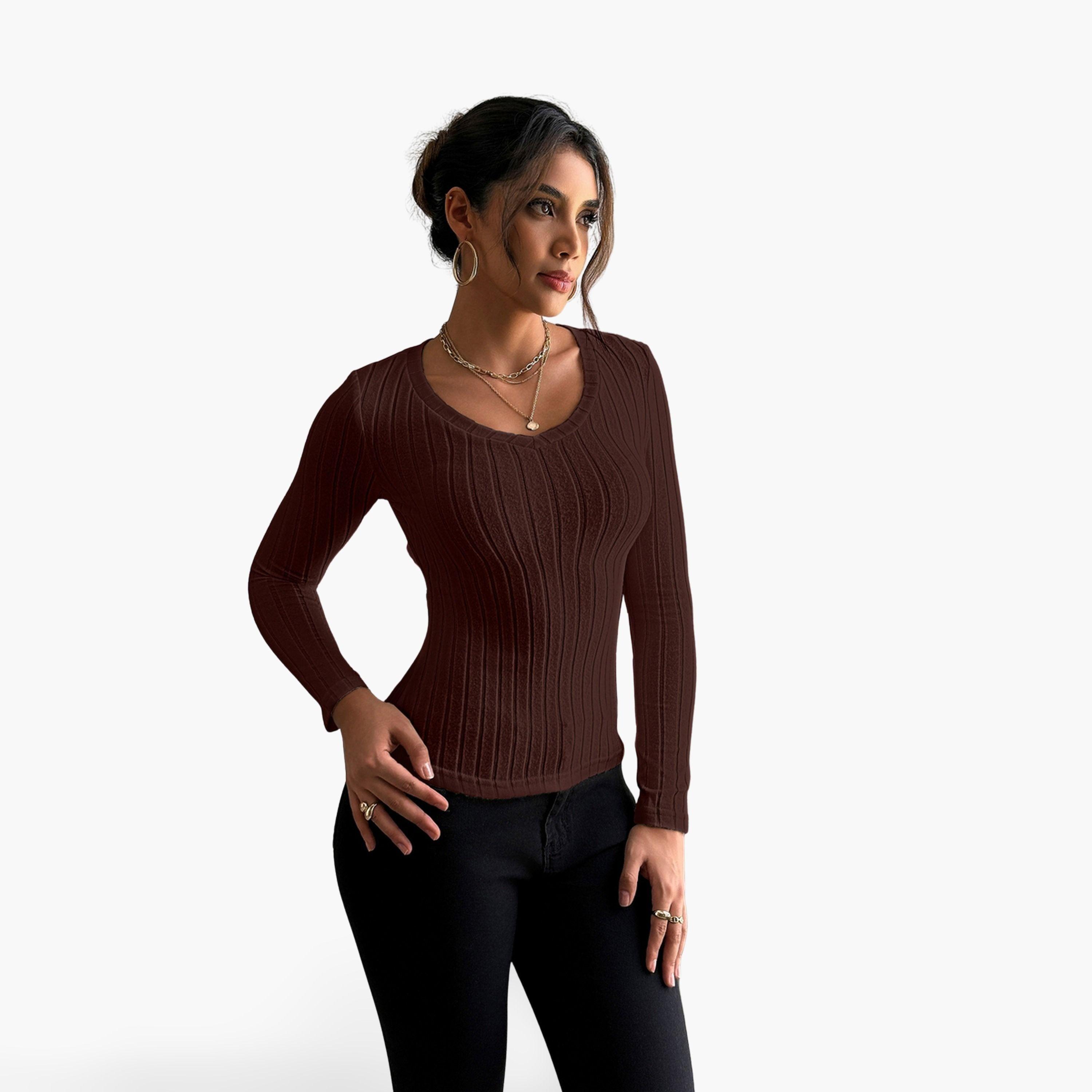تيك تو - بلوزة نسائية محبوكة بأكمام طويلة لون بني-women-clothing-shirtsandblouses-blouses-image-1