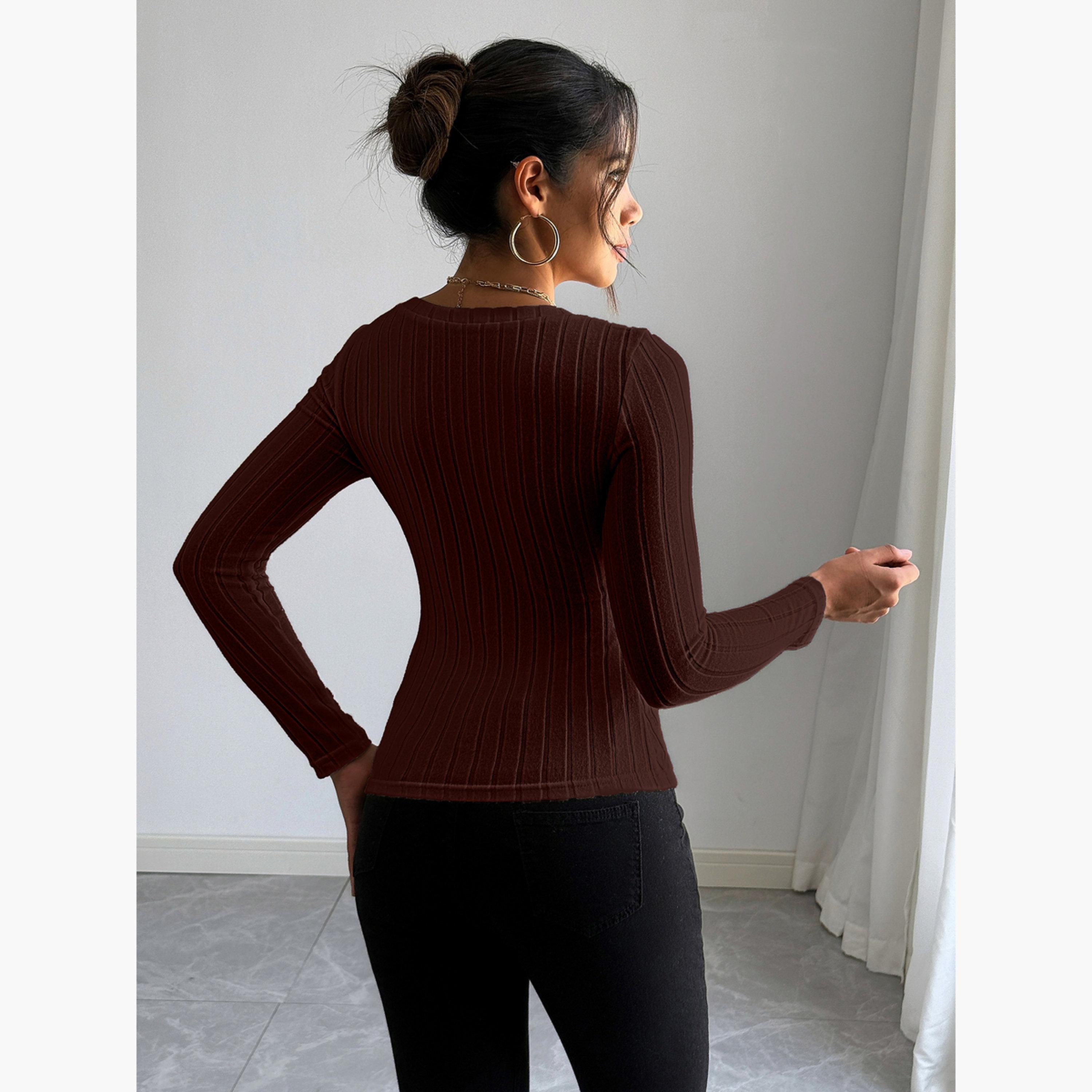 تيك تو - بلوزة نسائية محبوكة بأكمام طويلة لون بني-women-clothing-shirtsandblouses-blouses-image-2