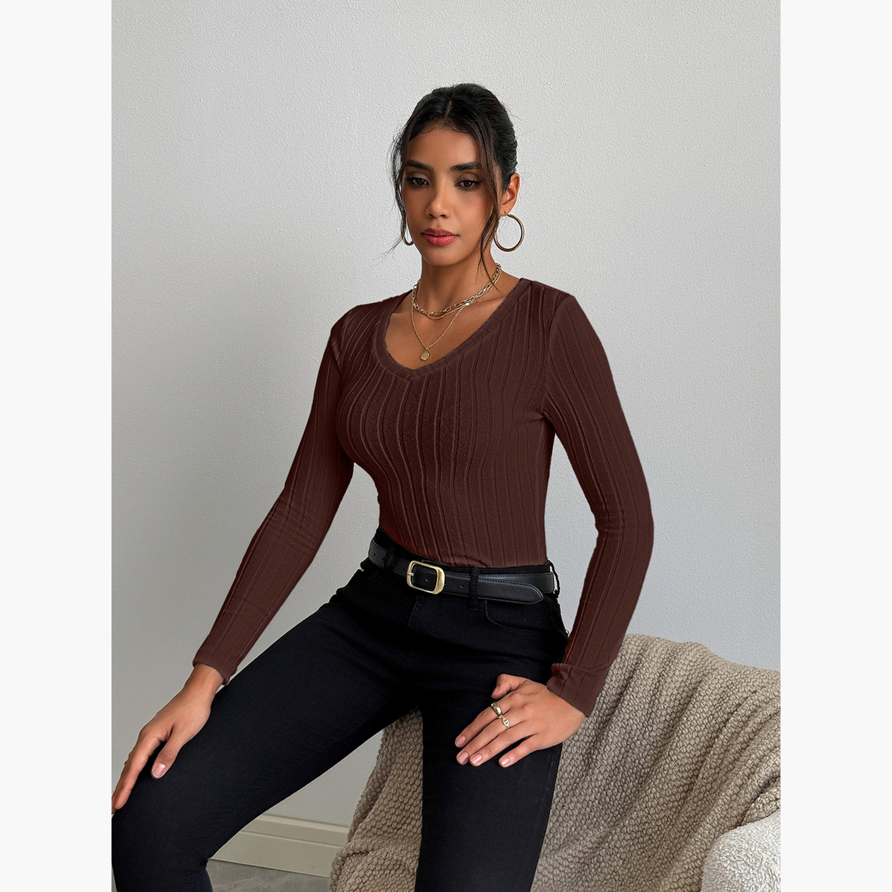 تيك تو - بلوزة نسائية محبوكة بأكمام طويلة لون بني-women-clothing-shirtsandblouses-blouses-image-4