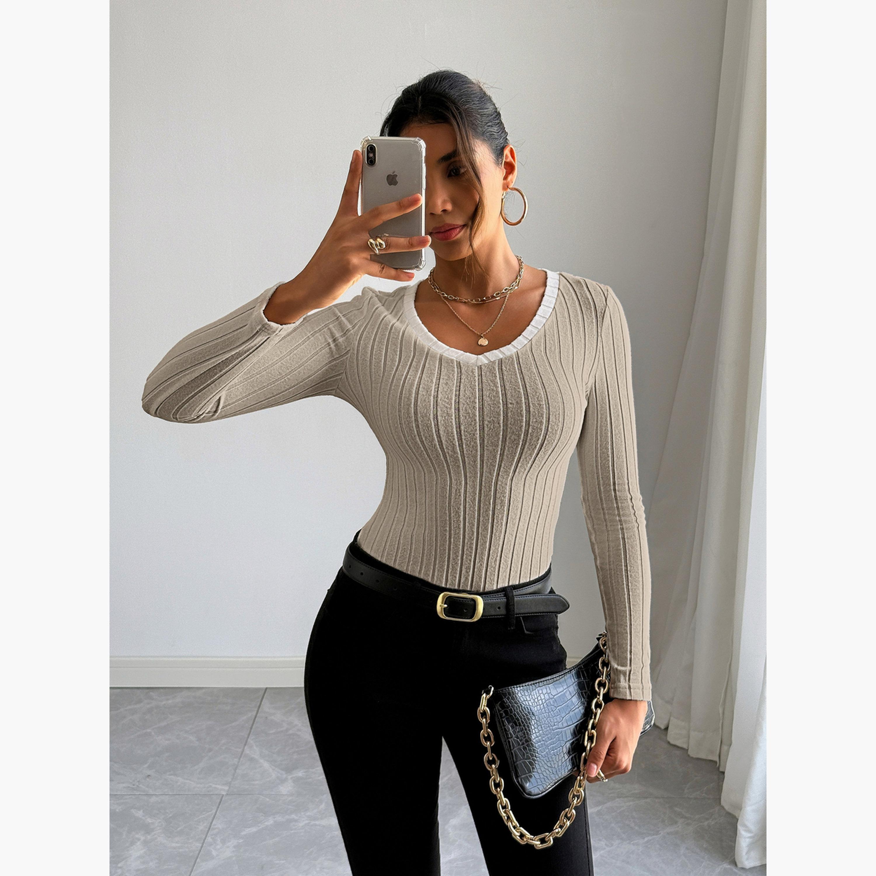 Take Two Women Beige Ribbed Knit Long Sleeve Top-women-clothing-shirtsandblouses-blouses-image-2