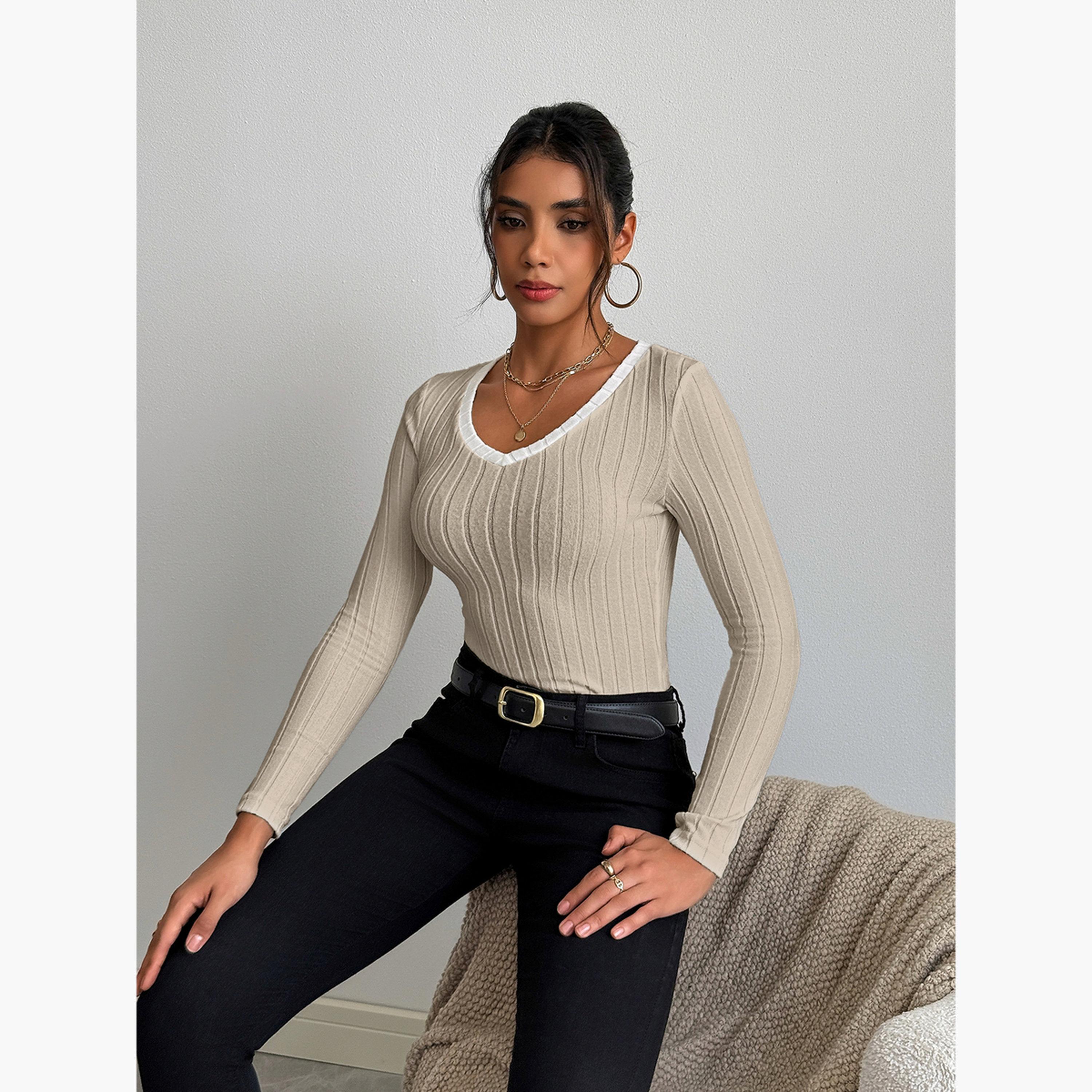 تيك تو - بلوزة نسائية بيج مضلعة بأكمام طويلة-women-clothing-shirtsandblouses-blouses-image-3