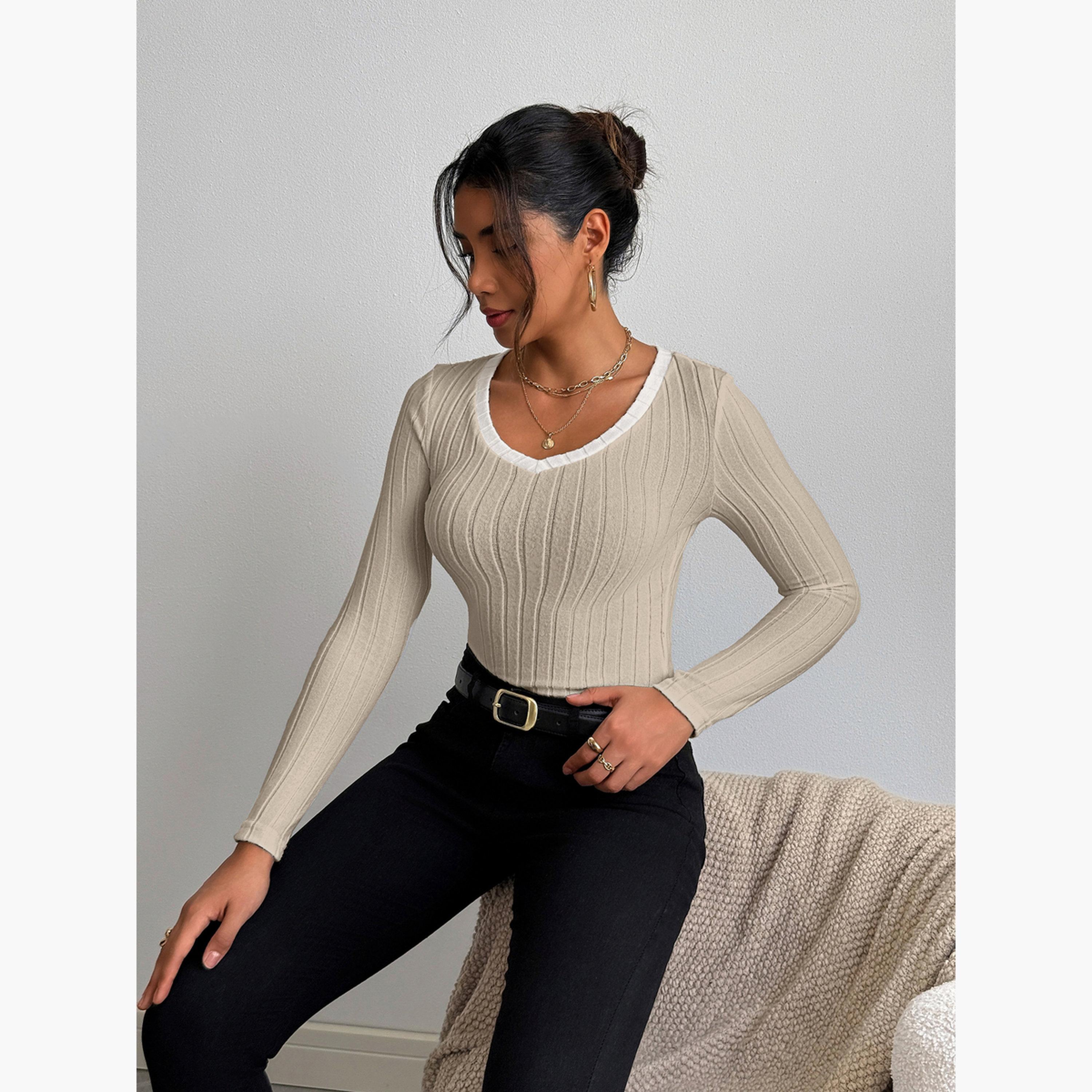 تيك تو - بلوزة نسائية بيج مضلعة بأكمام طويلة-women-clothing-shirtsandblouses-blouses-image-4