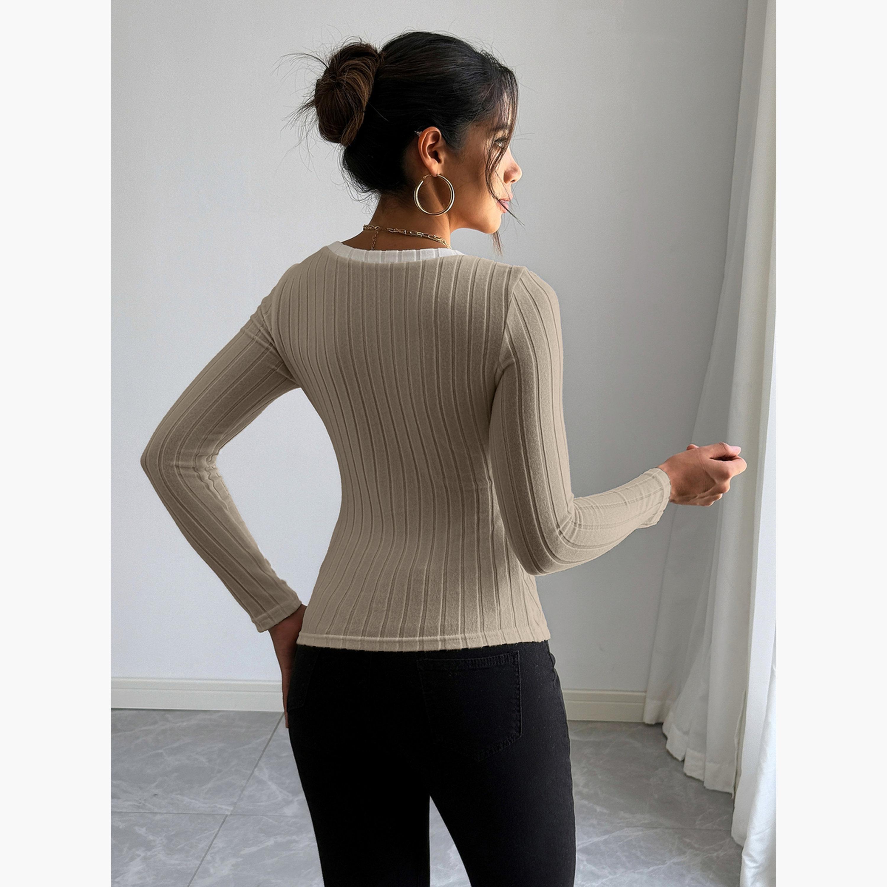 تيك تو - بلوزة نسائية بيج مضلعة بأكمام طويلة-women-clothing-shirtsandblouses-blouses-image-5