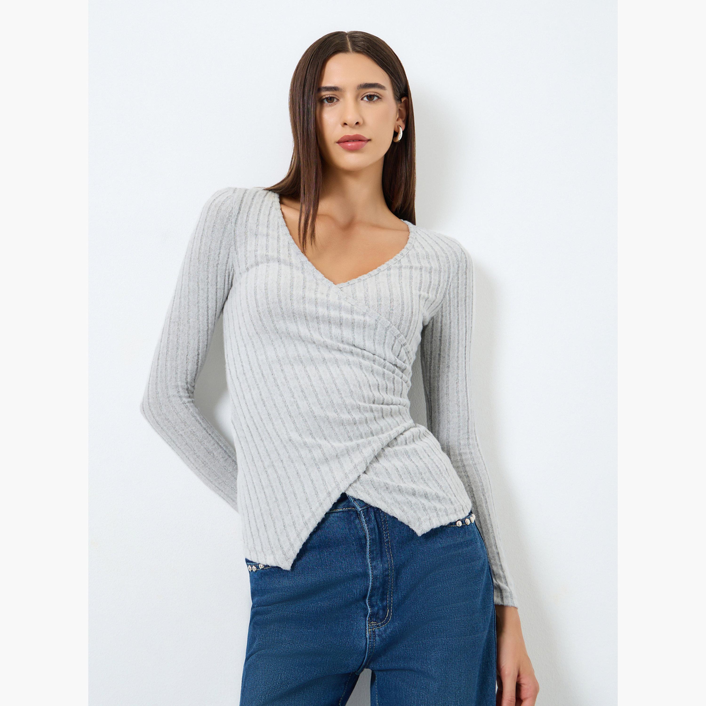 Take Two Solid V-Neck Long Sleeve Ribbed Wrap Top-women-clothing-shirtsandblouses-blouses-image-1