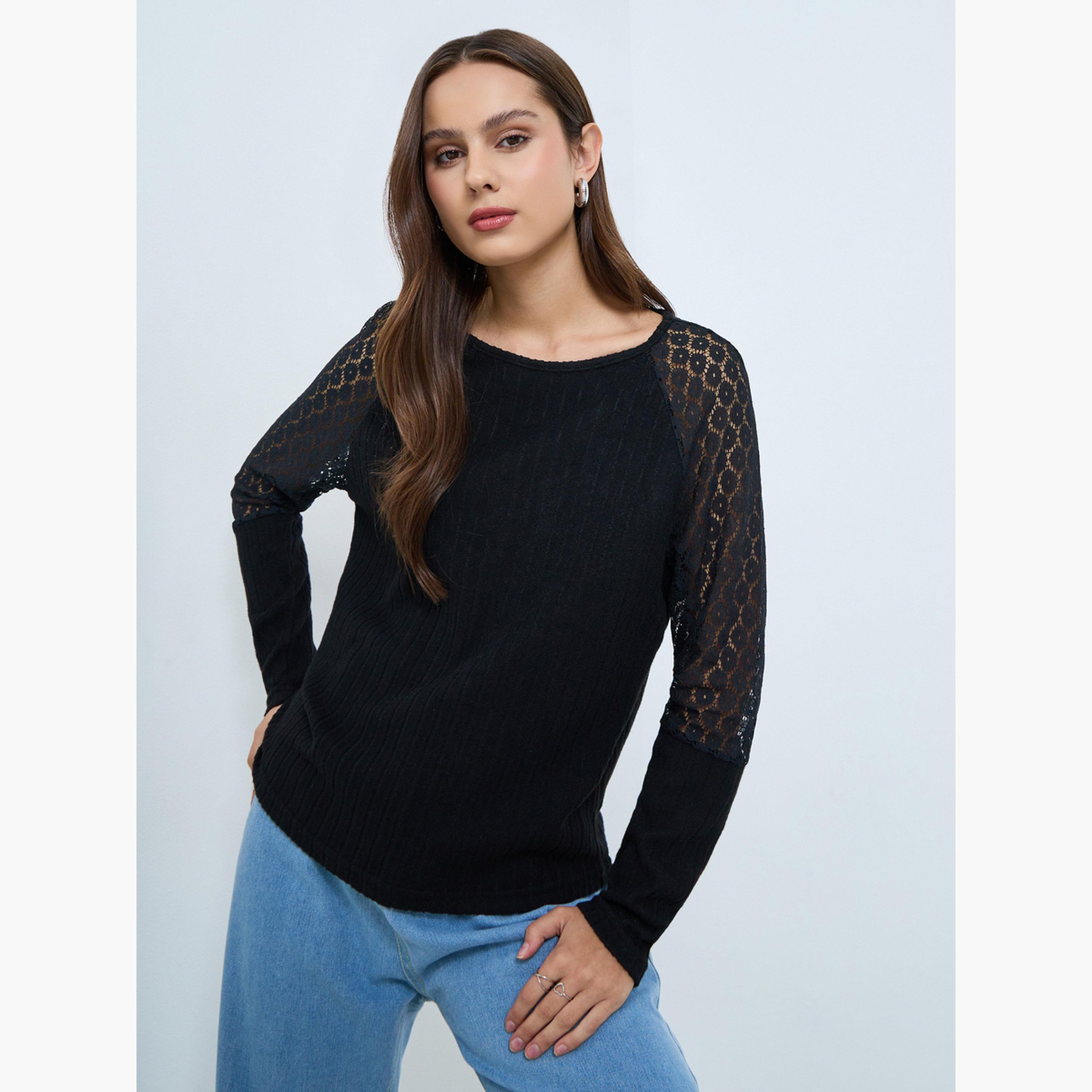 Take Two Black Lace Sleeve Ribbed Top-women-clothing-shirtsandblouses-blouses-image-1