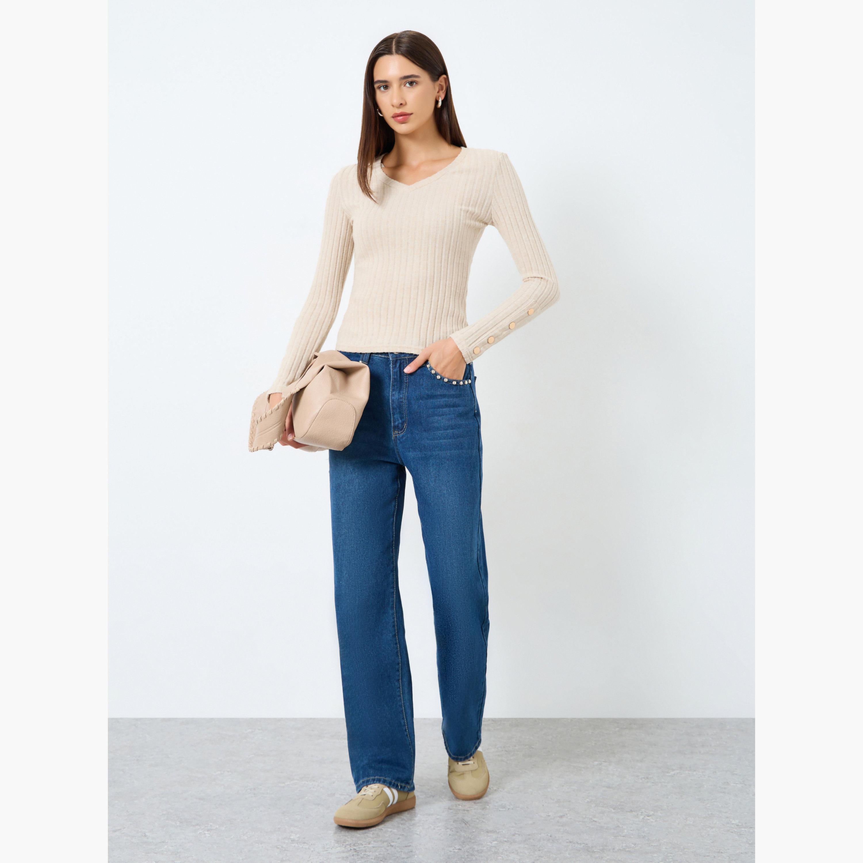 Take Two Solid V-Neck Button Detail Ribbed Top-women-clothing-tshirts-image-2