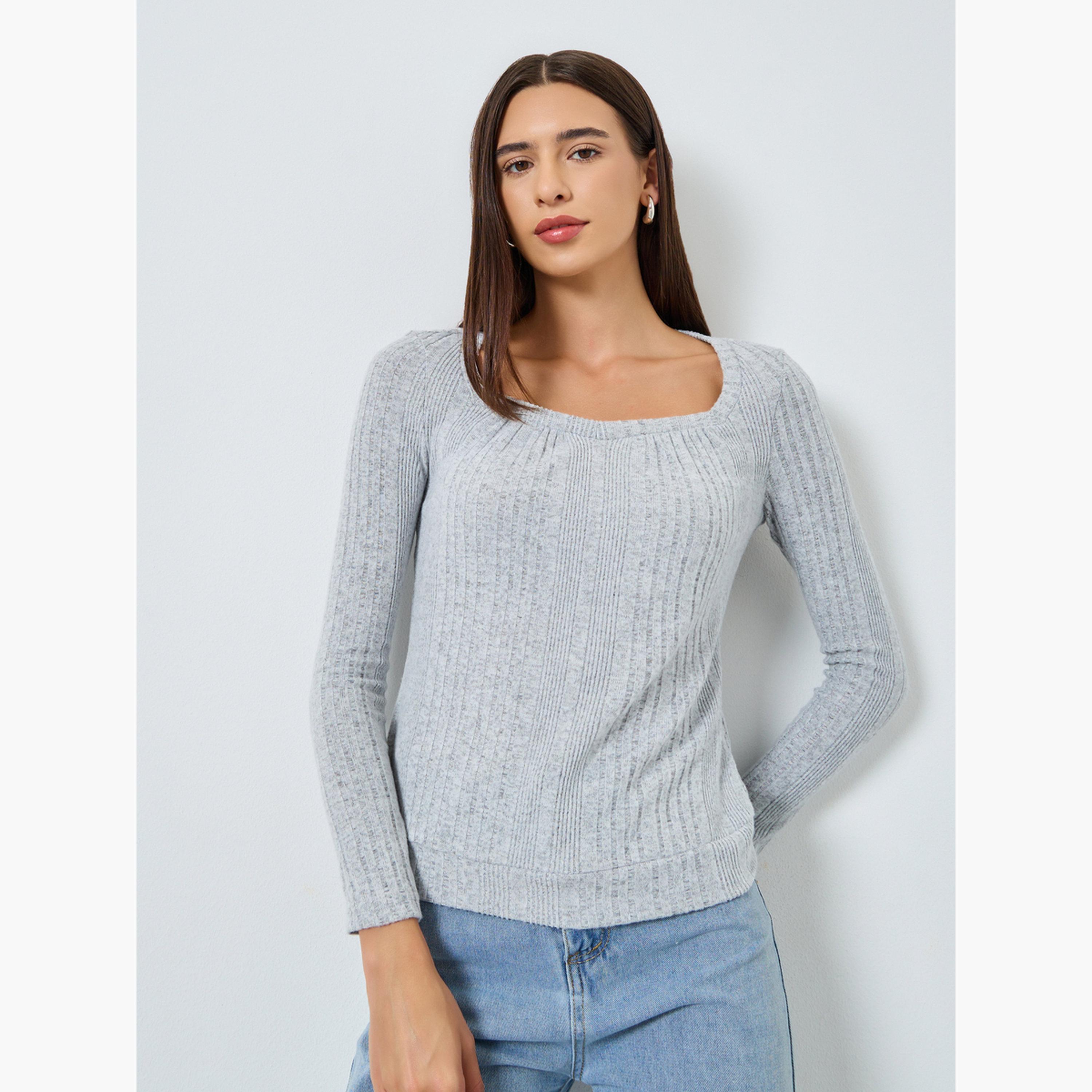 تيك تو - بلوزة مضلعة بأكمام طويلة وياقة مربعة سادة-women-clothing-tshirts-image-1