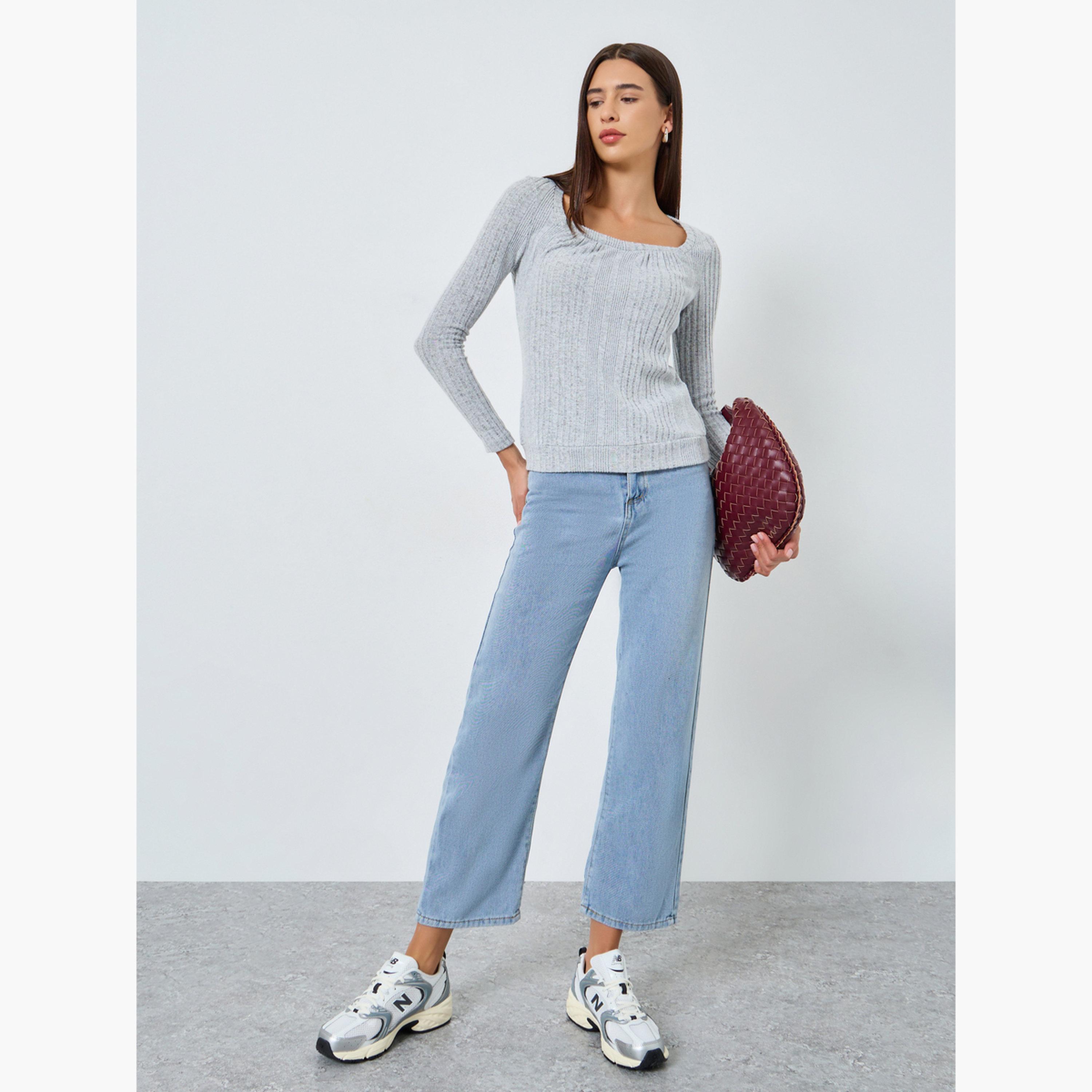 تيك تو - بلوزة مضلعة بأكمام طويلة وياقة مربعة سادة-women-clothing-tshirts-image-2