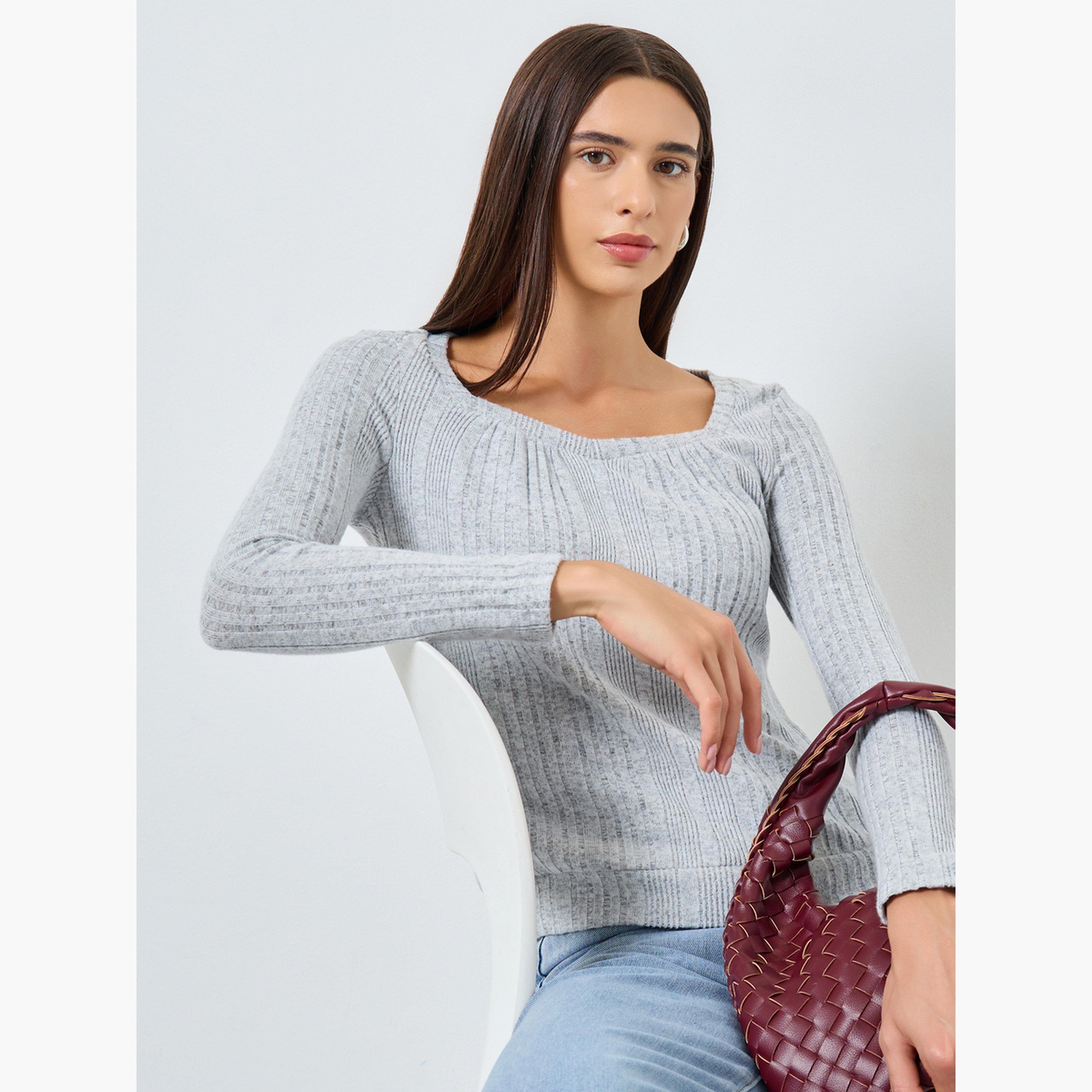 تيك تو - بلوزة مضلعة بأكمام طويلة وياقة مربعة سادة-women-clothing-tshirts-image-3