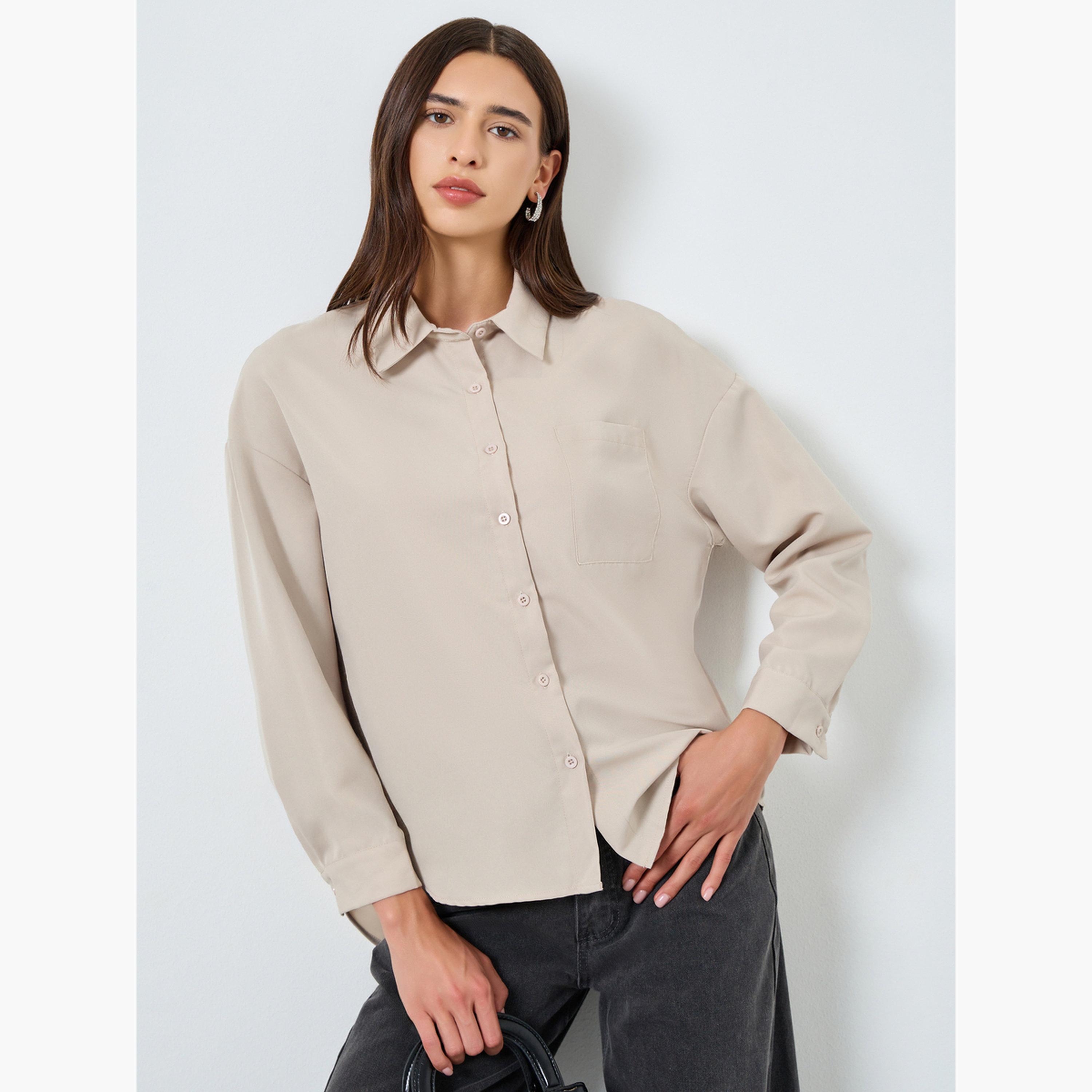 تيك تو - قميص نسائي سادة بأكمام طويلة وتفاصيل جيوب-women-clothing-shirtsandblouses-shirts-image-1