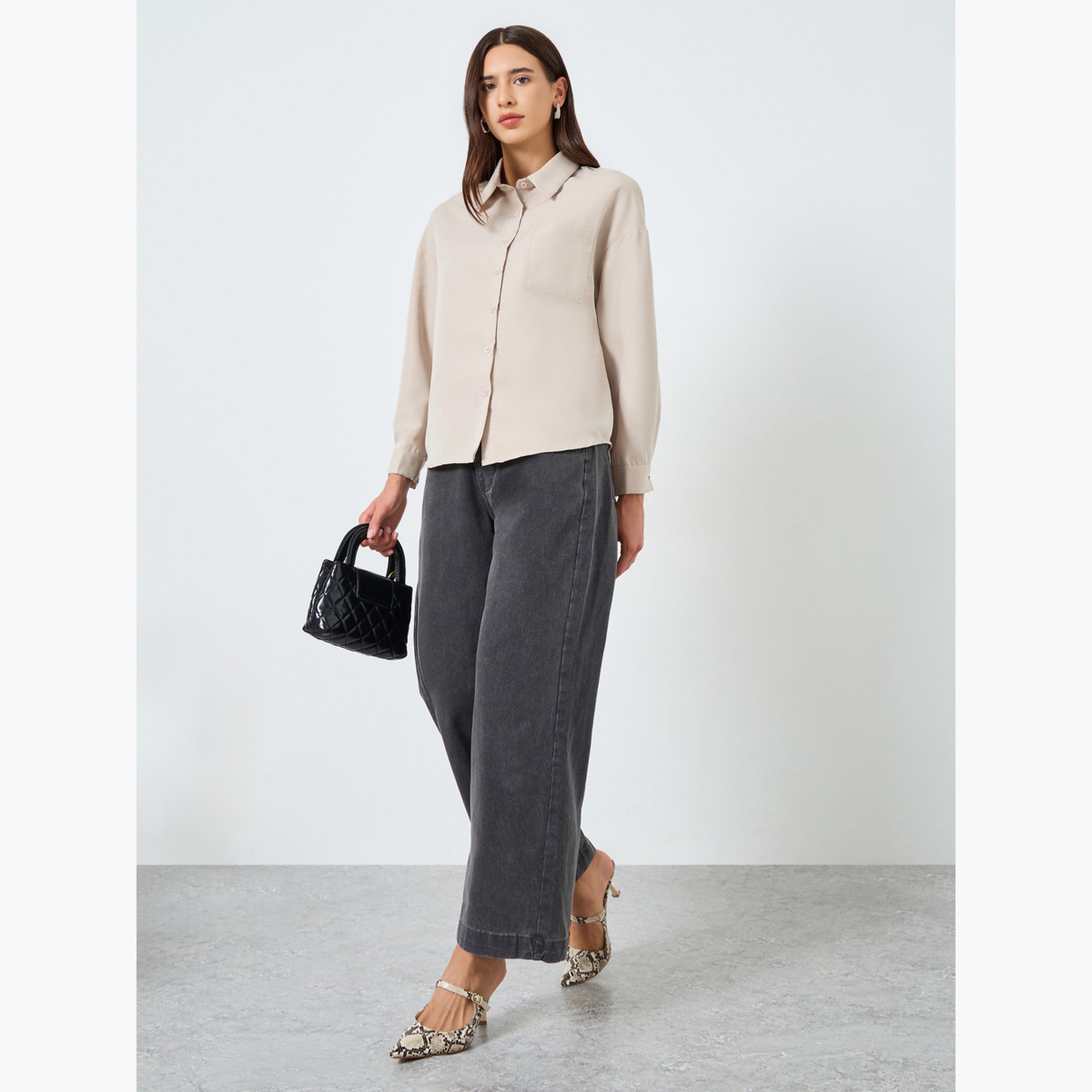 تيك تو - قميص نسائي سادة بأكمام طويلة وتفاصيل جيوب-women-clothing-shirtsandblouses-shirts-image-2
