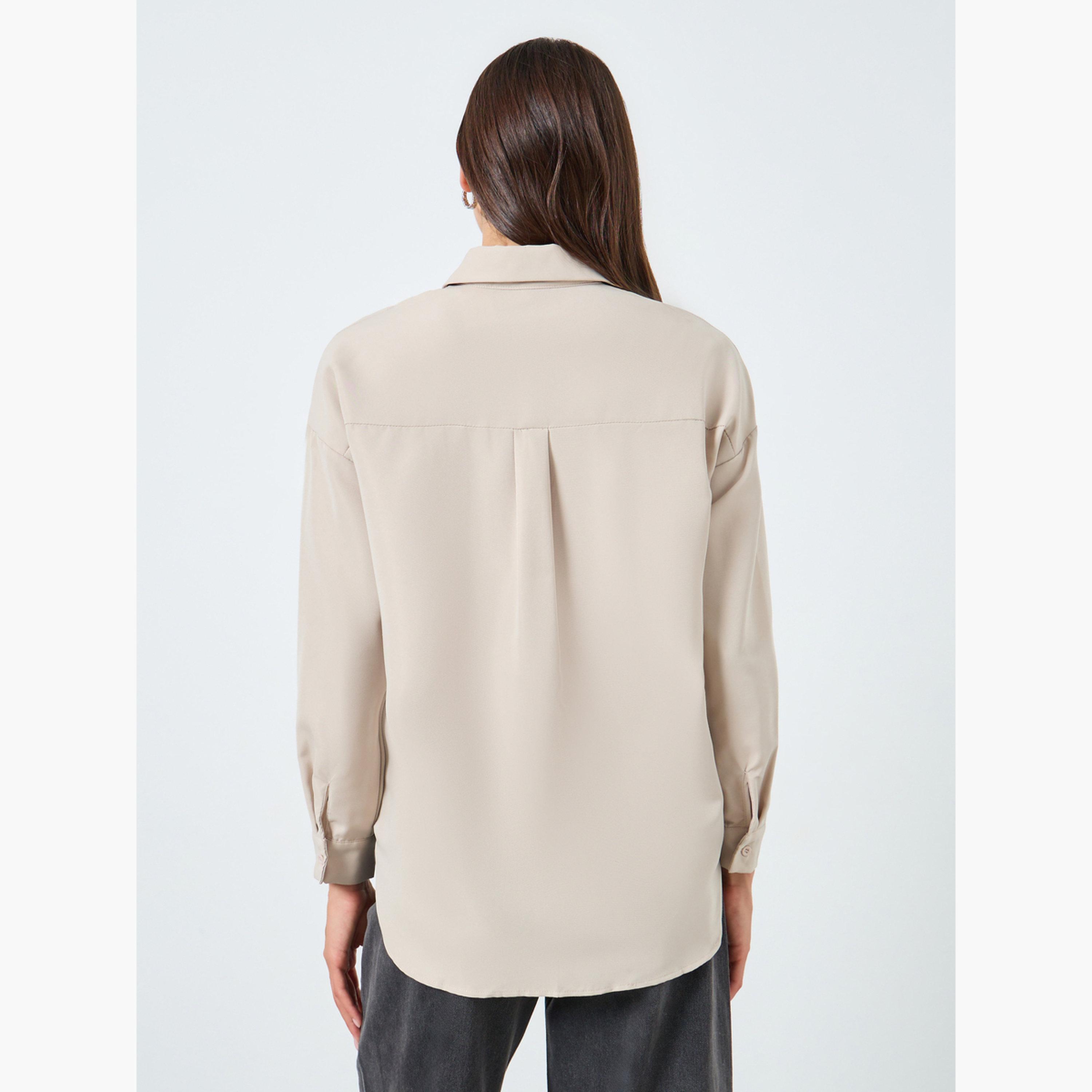تيك تو - قميص نسائي سادة بأكمام طويلة وتفاصيل جيوب-women-clothing-shirtsandblouses-shirts-image-3